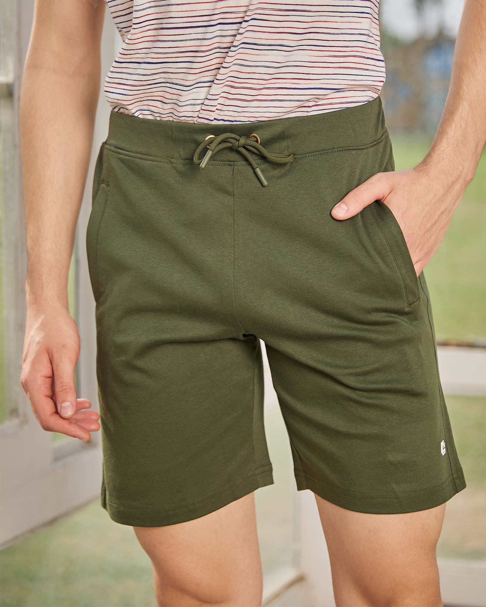 Olive Green Solid Knit Shorts