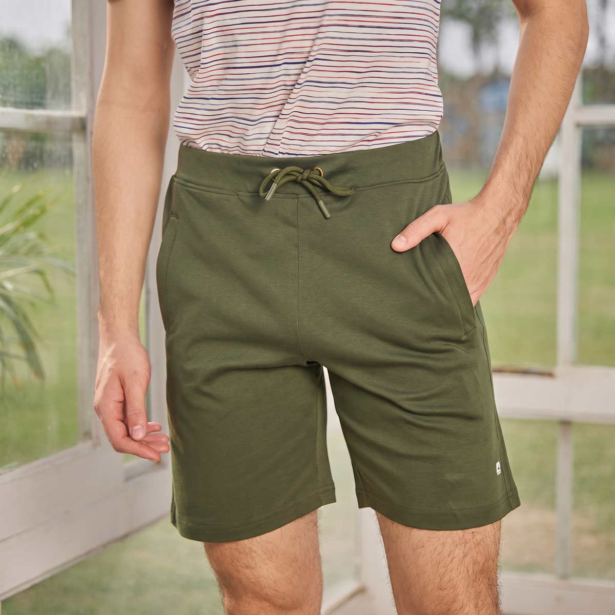 Olive Green Solid Knit Shorts