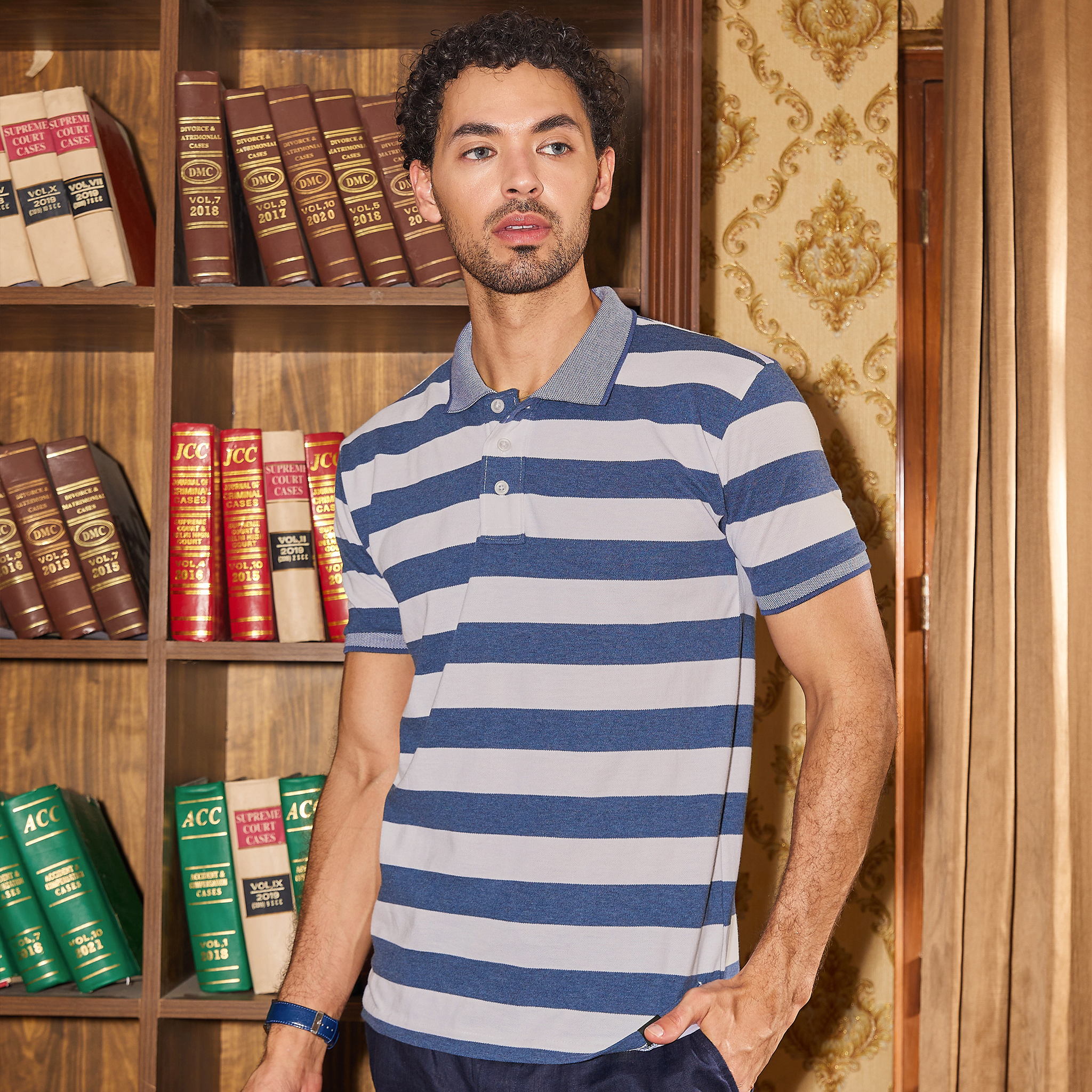 Blue & Off White Striped Polo Tshirt