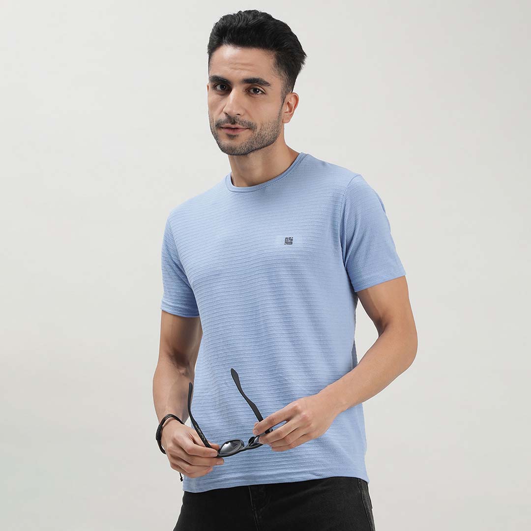 Blue Self Structured Round Neck Tshirt