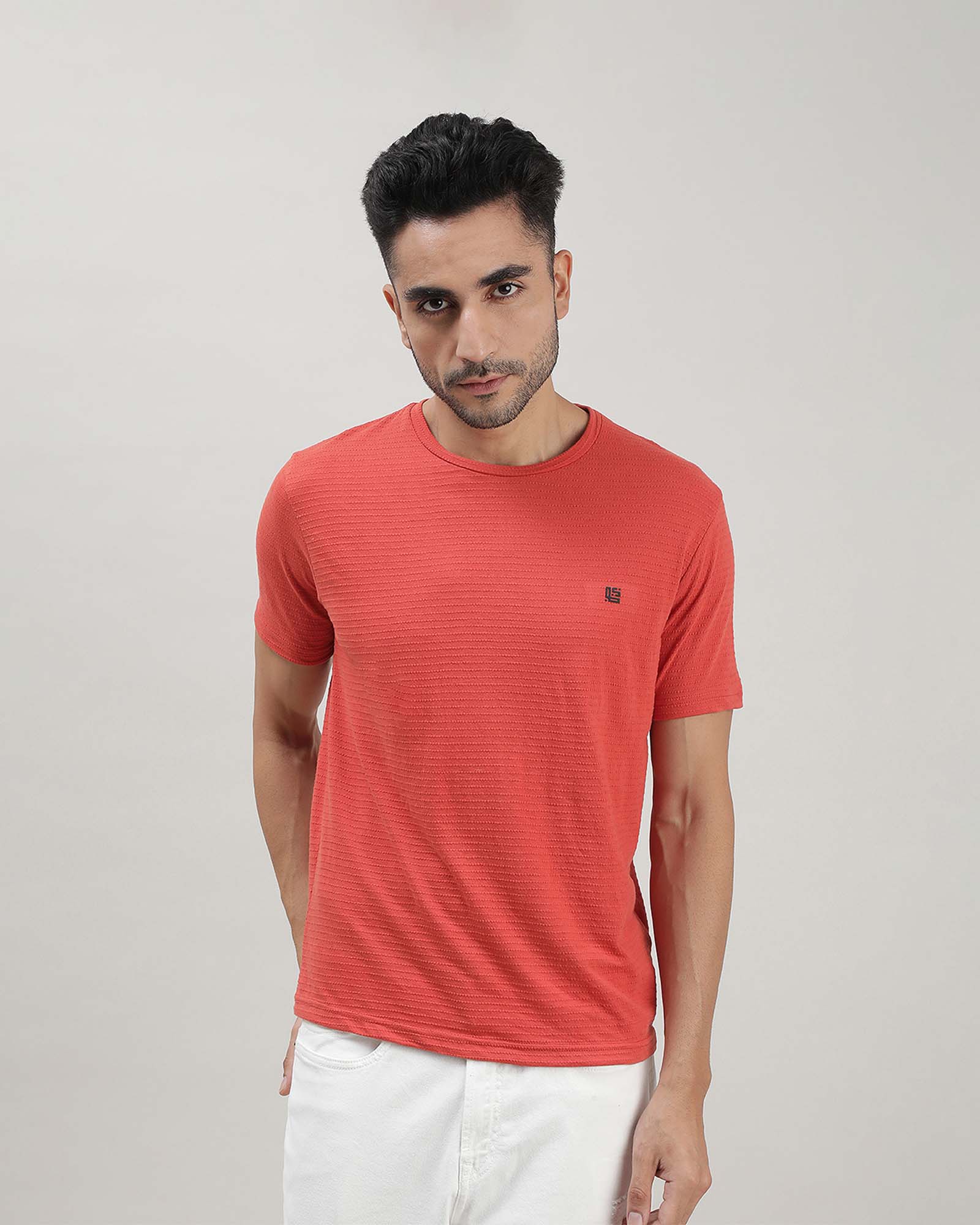 Orange Self Structured Round Neck Tshirt