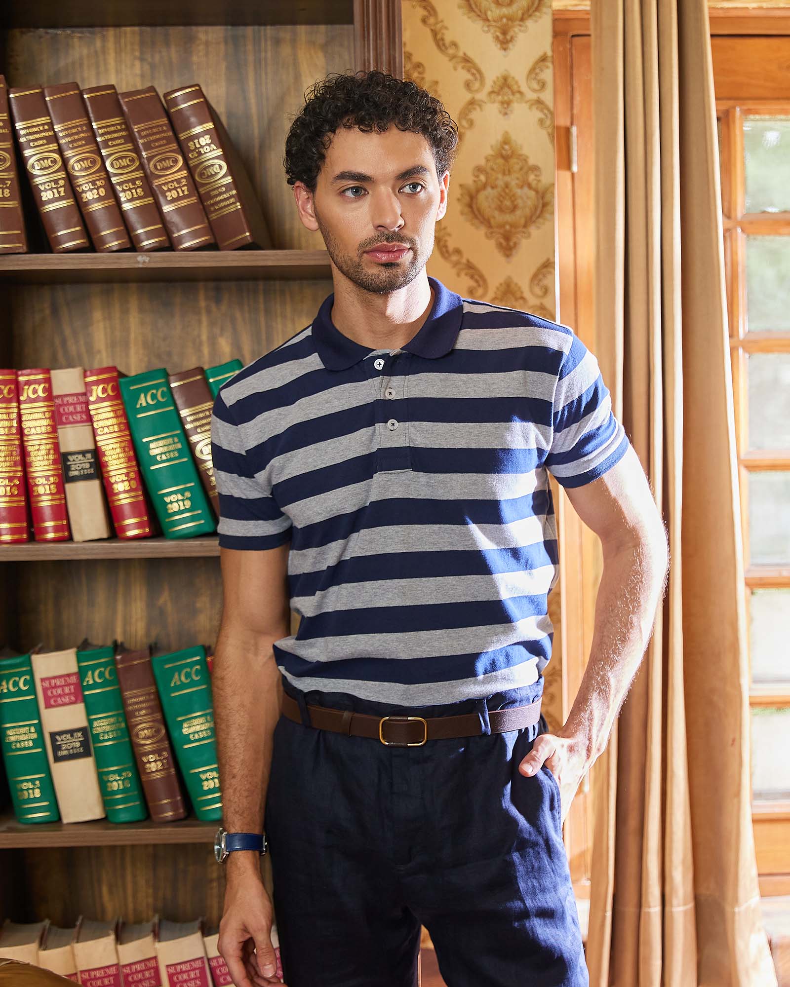 Navy & Grey Striped Polo Tshirt