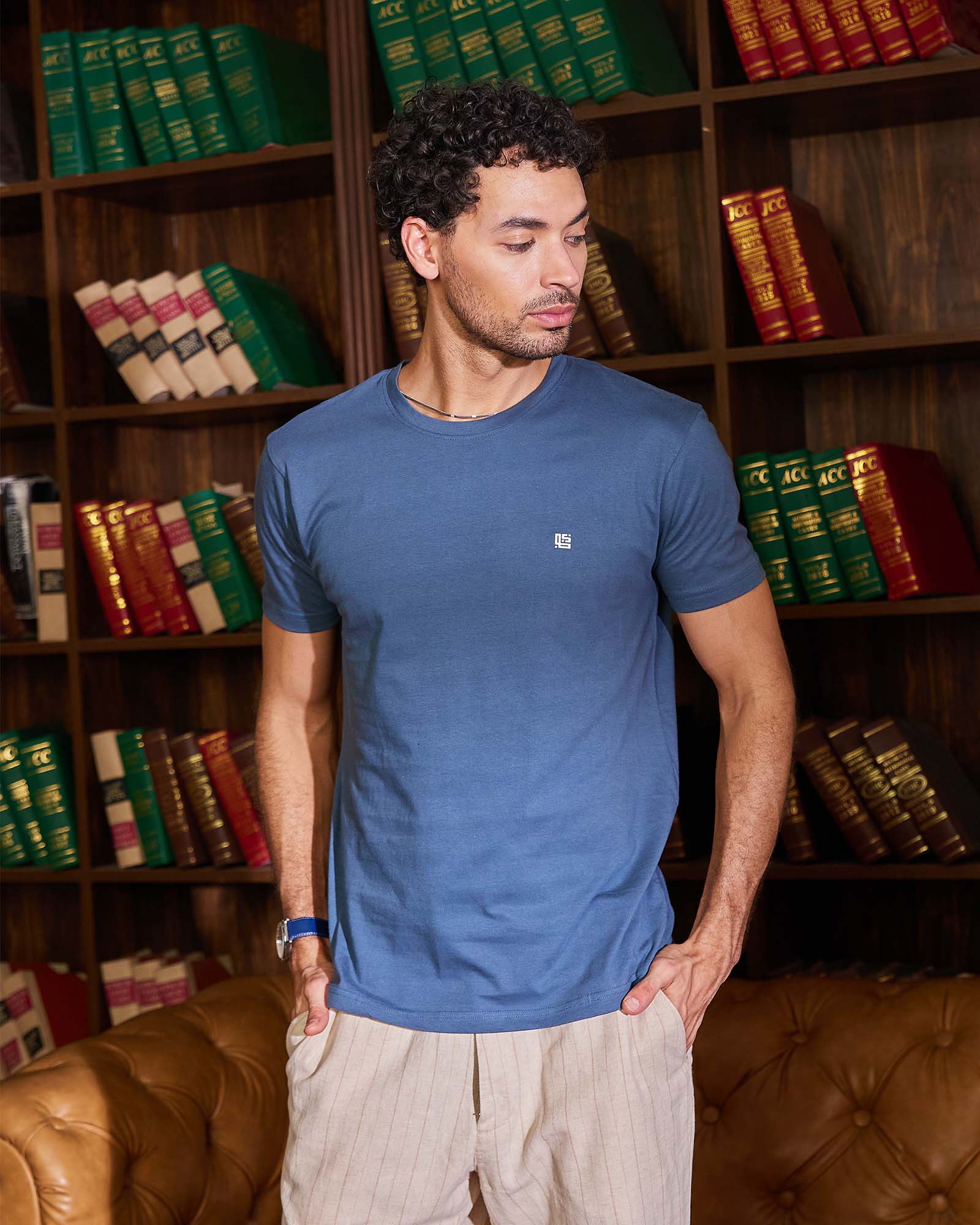 Blue Solid Crew Neck Tshirt