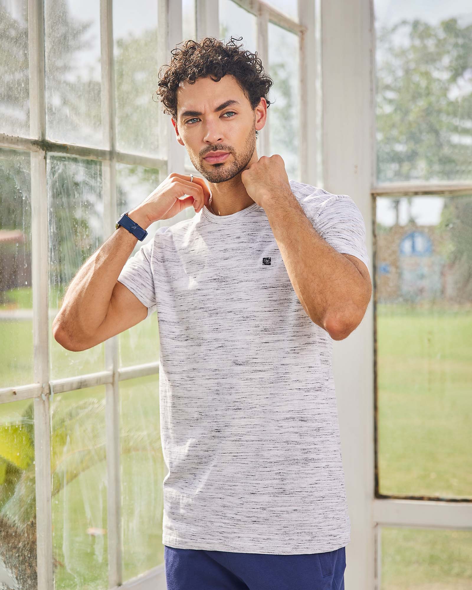 Grey & Off White Space Dyed Crew Neck