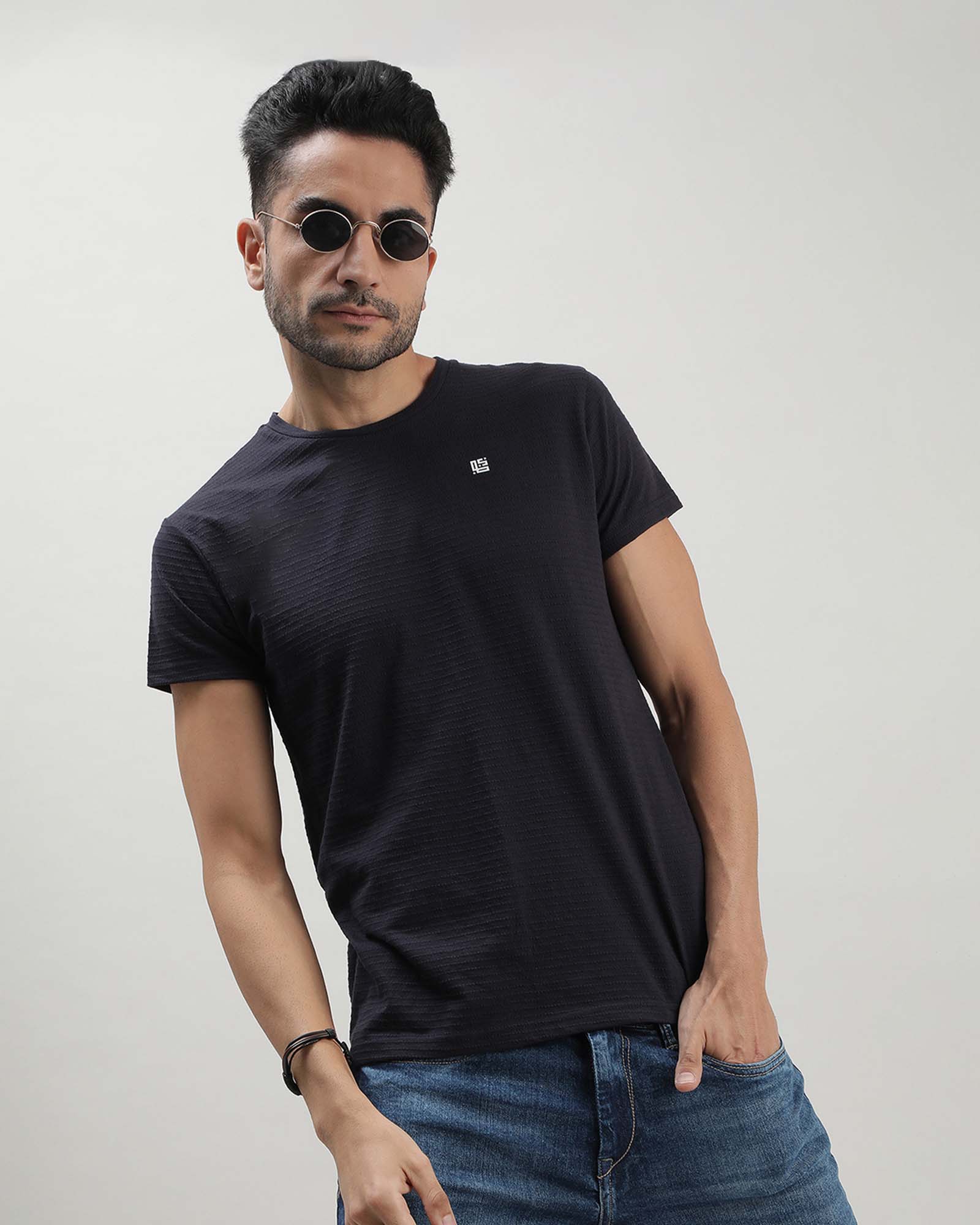 Navy Blue Self Structured Round Neck Tshirt