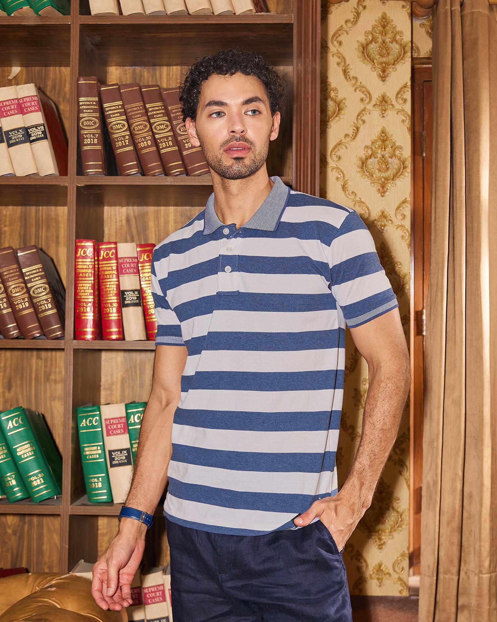 Blue & Off White Striped Polo Tshirt