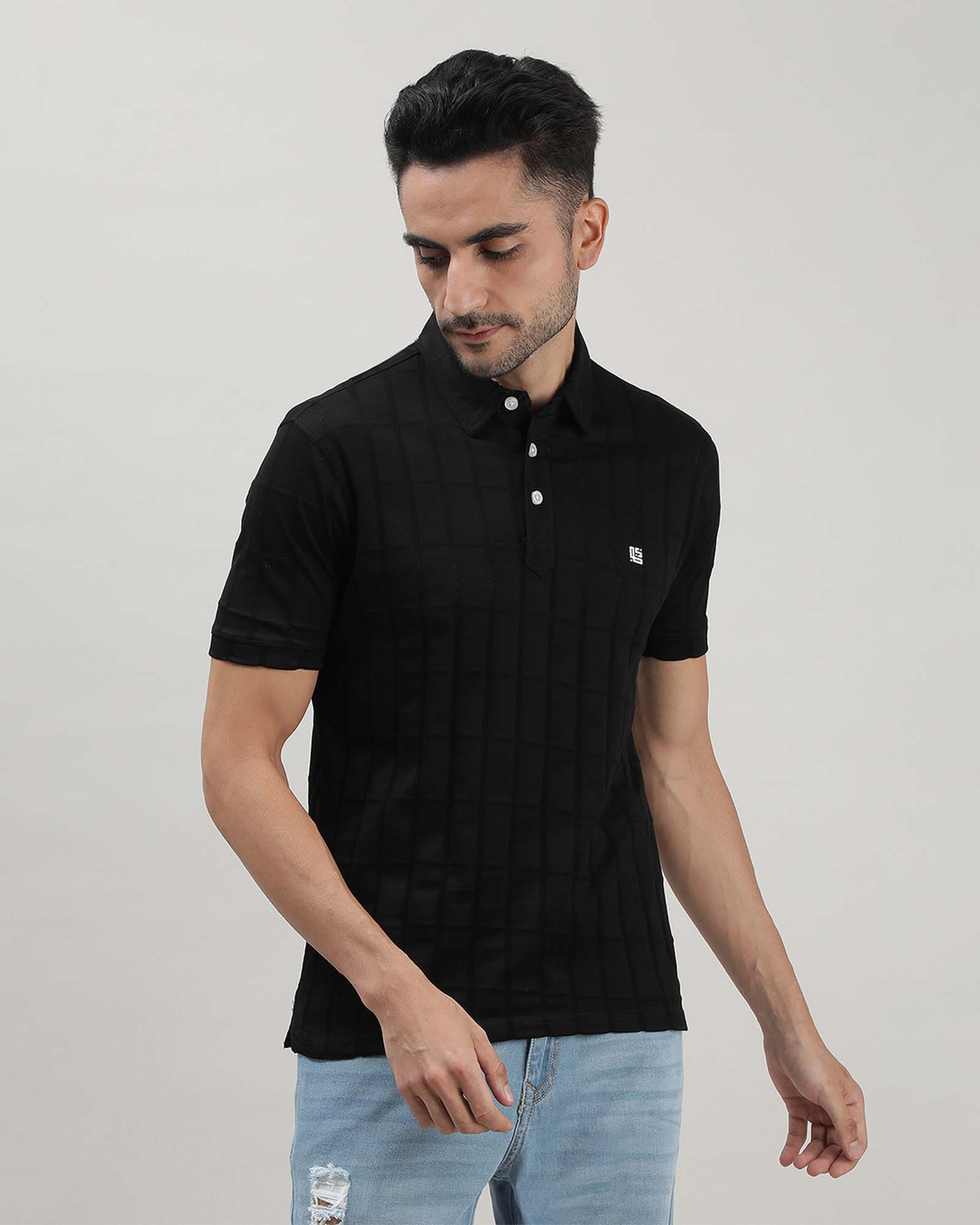 Jet Black Self Structured Polo Tshirt