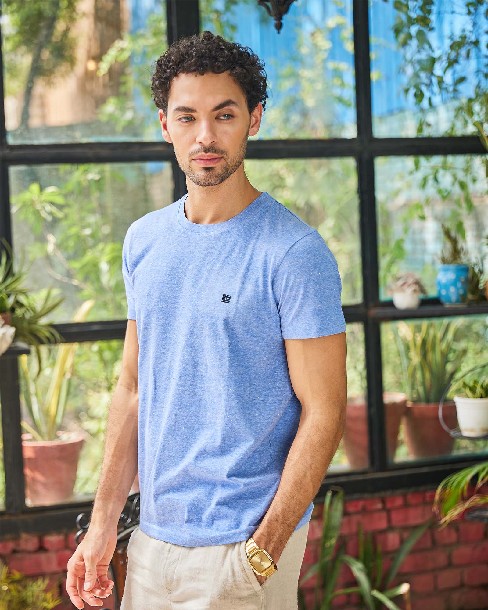 Sky Blue Space Dyed Crew Neck Tshirt