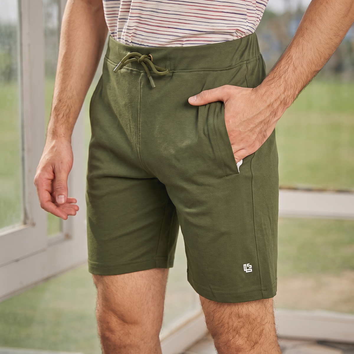 Olive Green Solid Knit Shorts