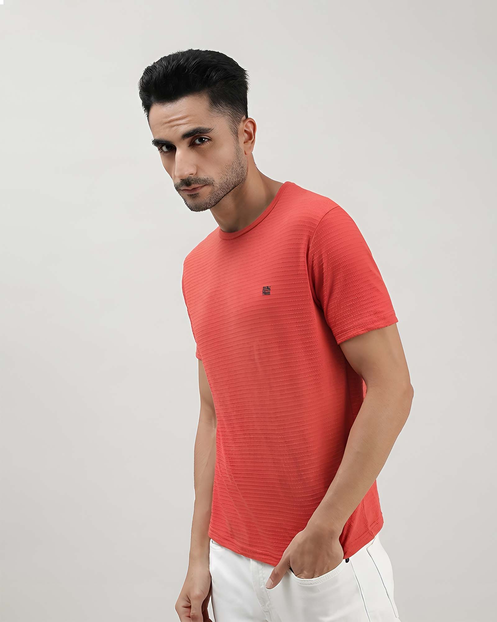 Orange Self Structured Round Neck Tshirt