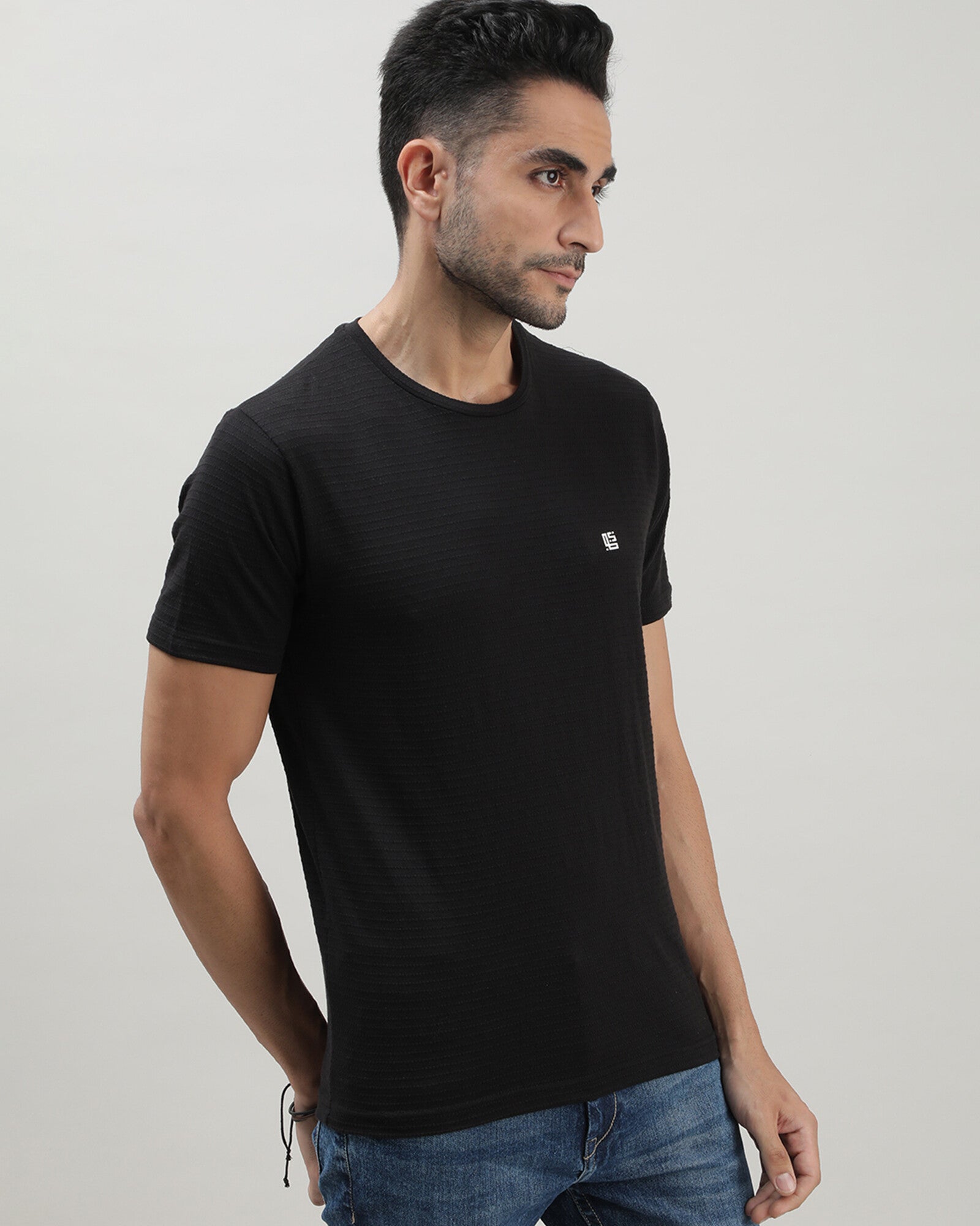 Black Self Structured Round Neck Tshirt