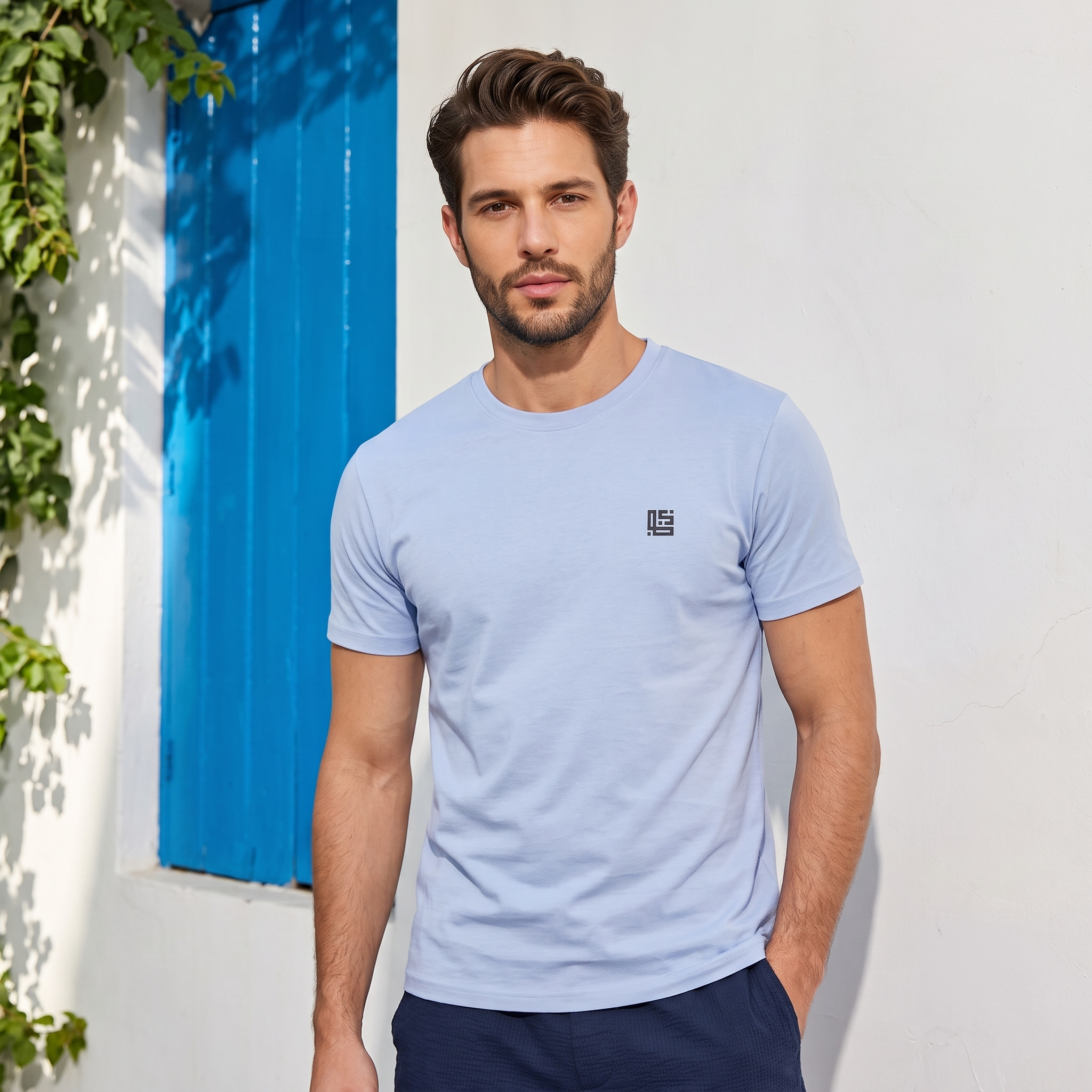 Light Blue Solid Crew Neck Tshirt