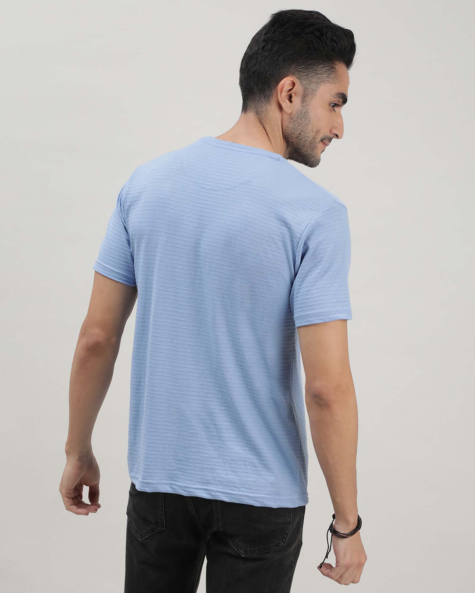 Blue Self Structured Round Neck Tshirt