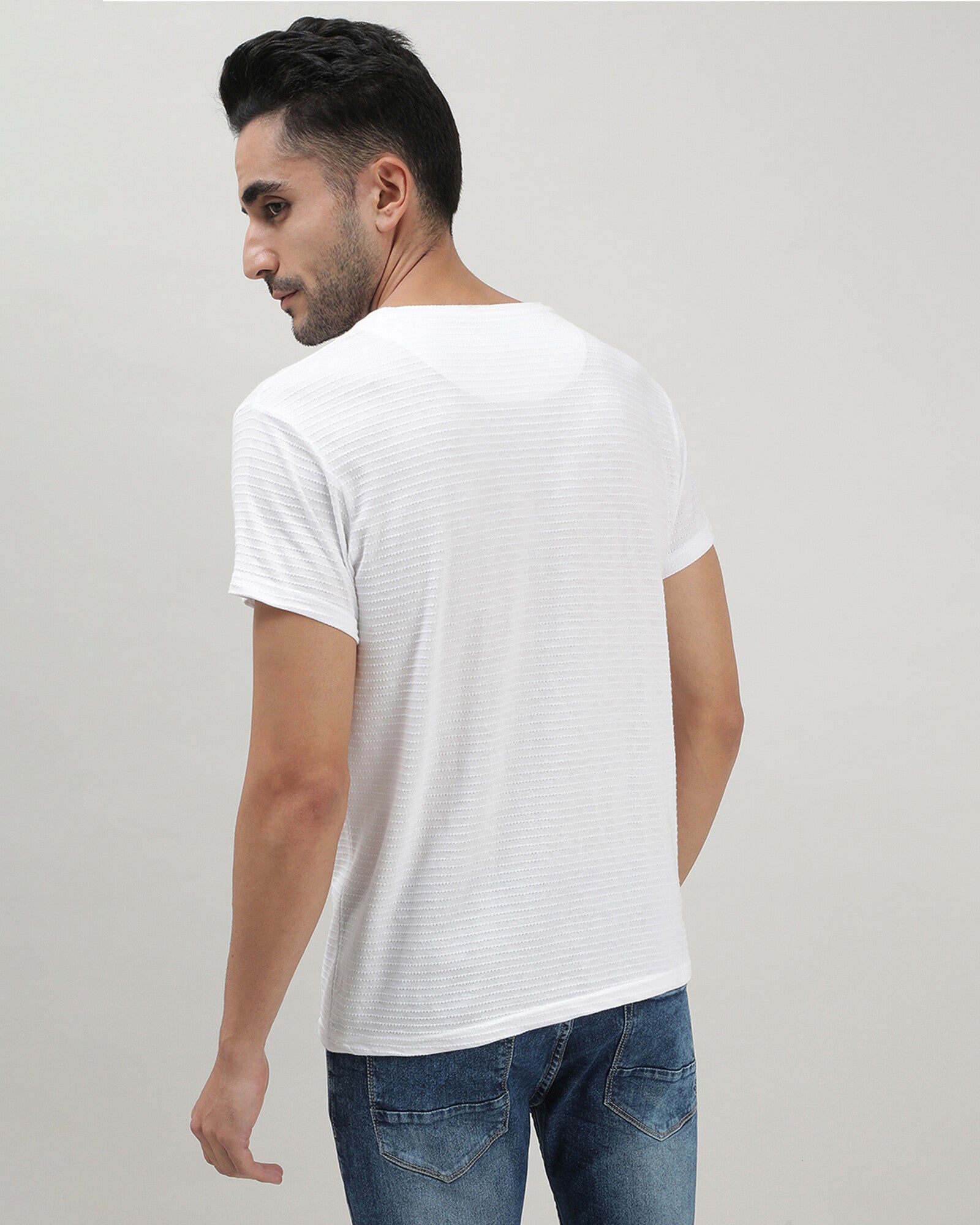 White Self Structured Round Neck Tshirt