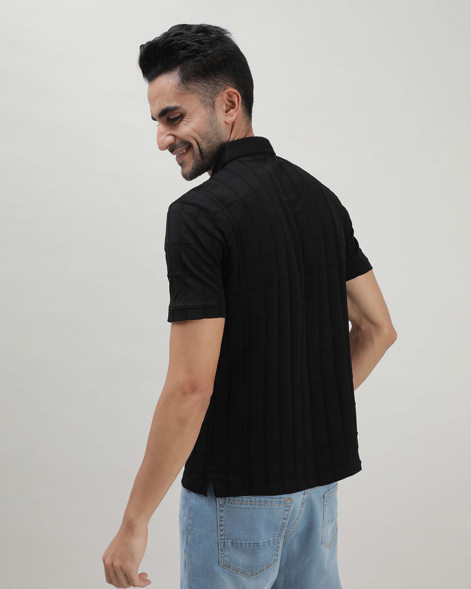 Jet Black Self Structured Polo Tshirt