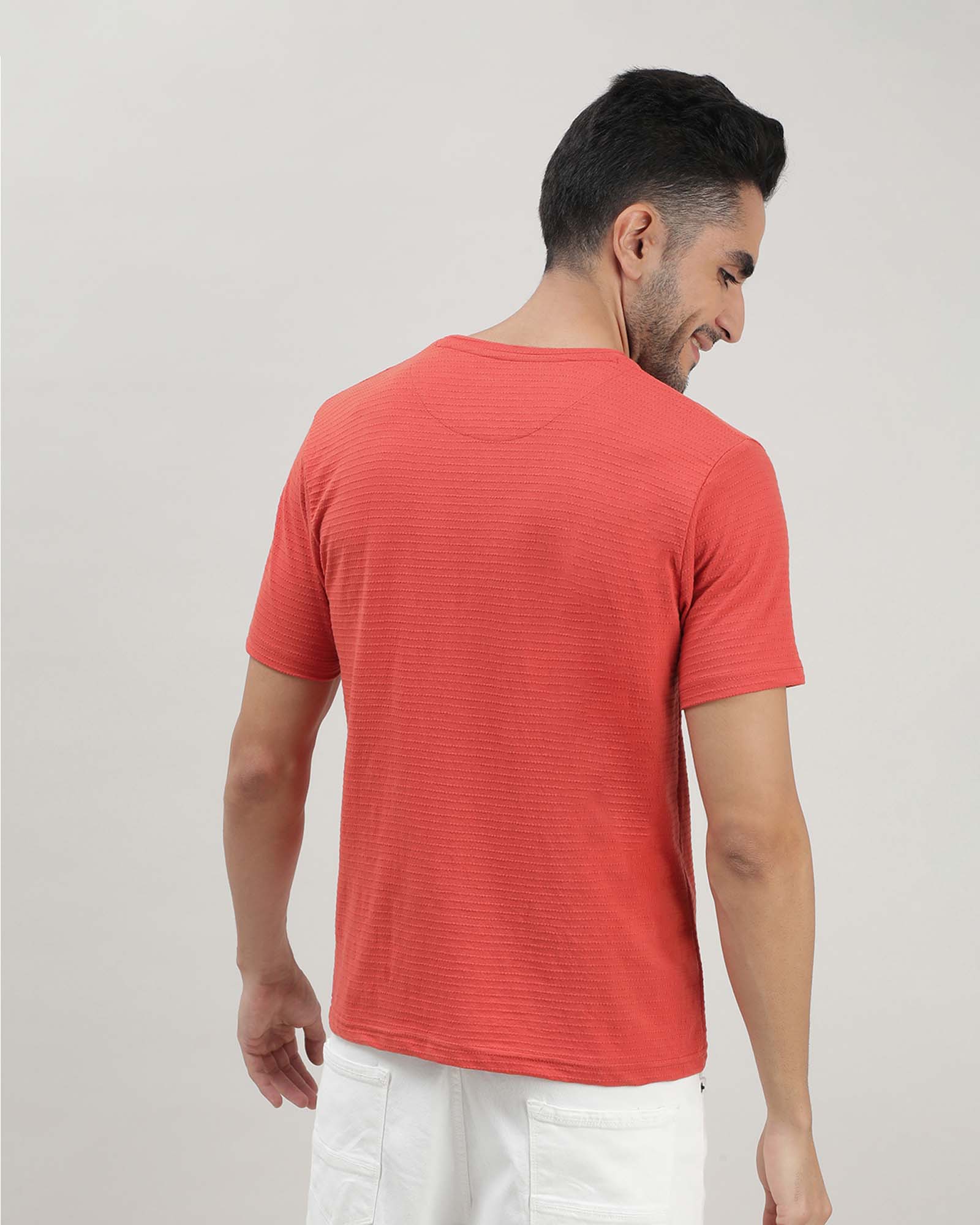 Orange Self Structured Round Neck Tshirt