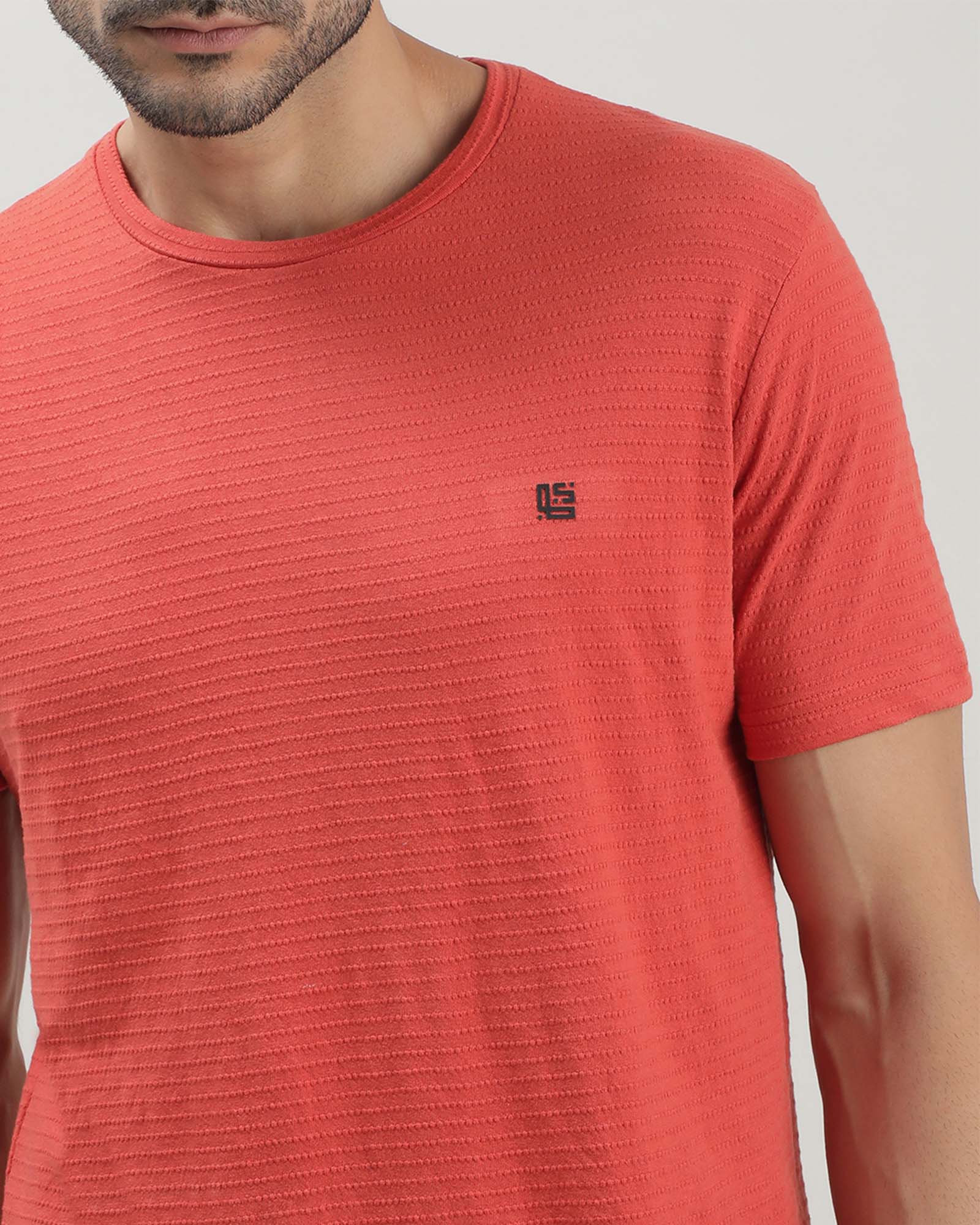 Orange Self Structured Round Neck Tshirt