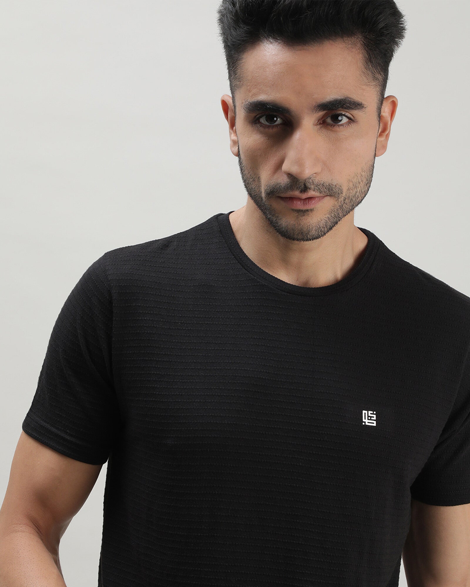 Black Self Structured Round Neck Tshirt