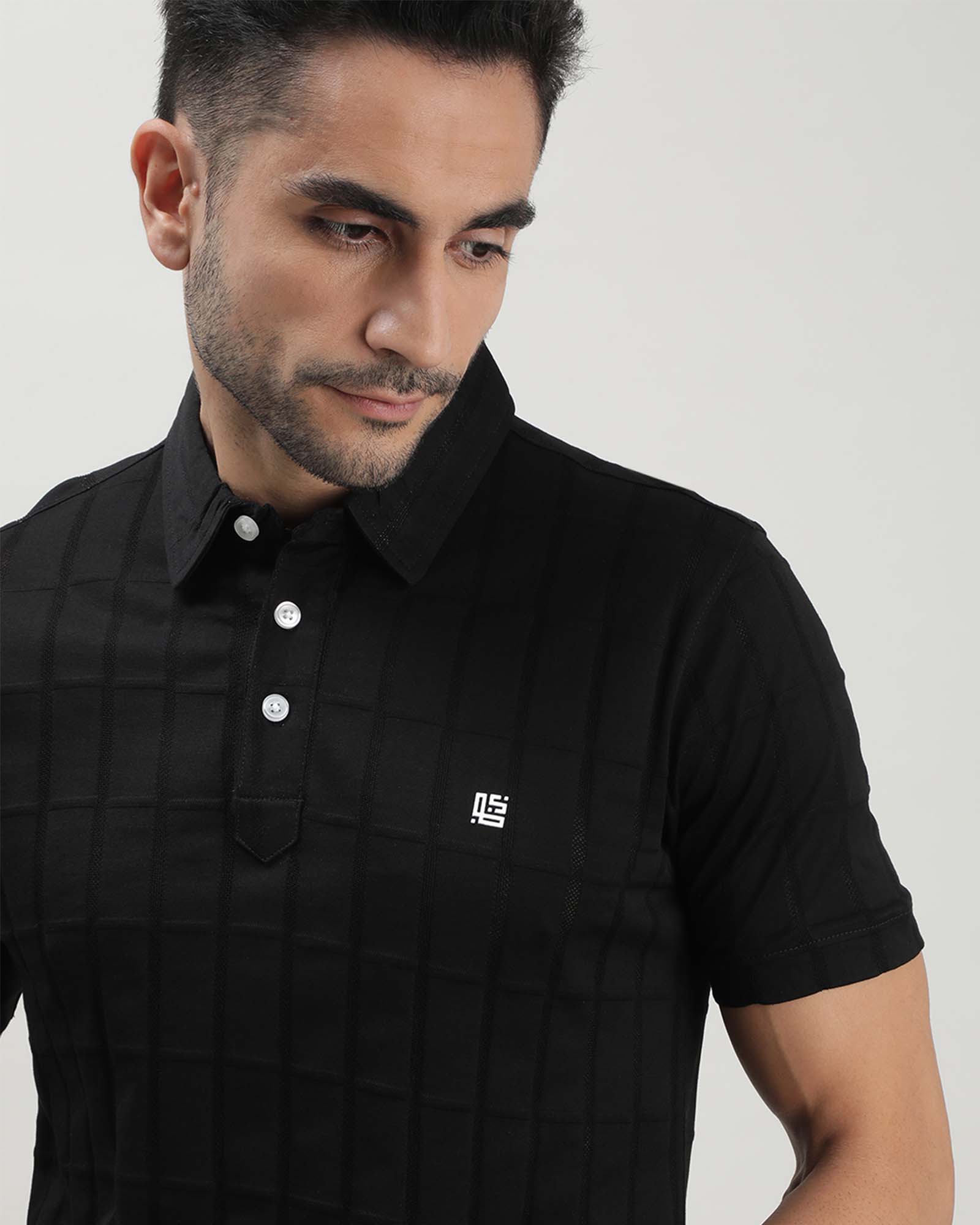 Jet Black Self Structured Polo Tshirt