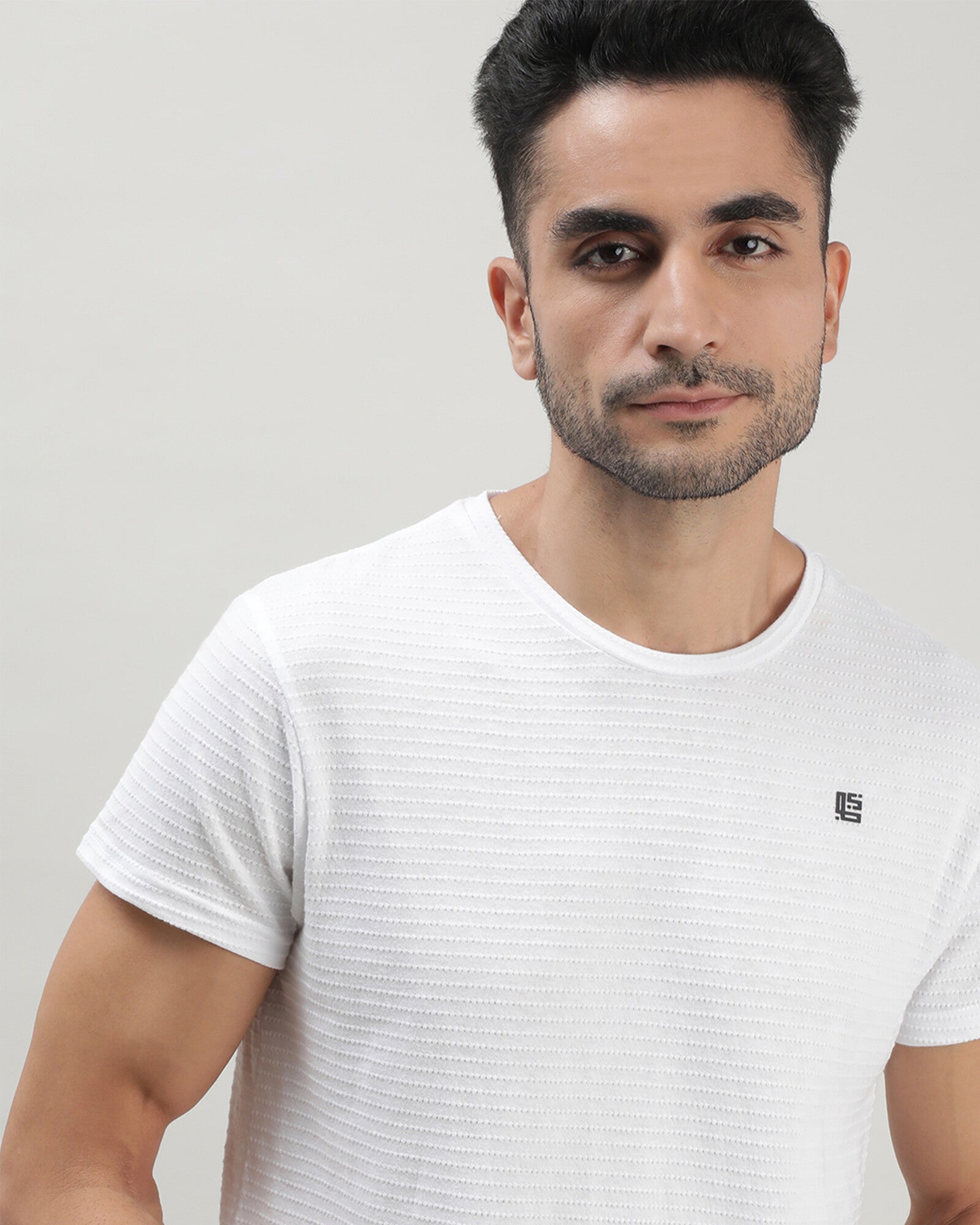 White Self Structured Round Neck Tshirt