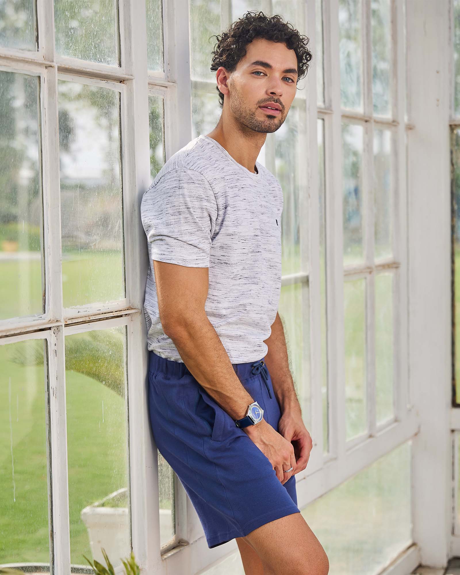 Blue Solid Knit Shorts