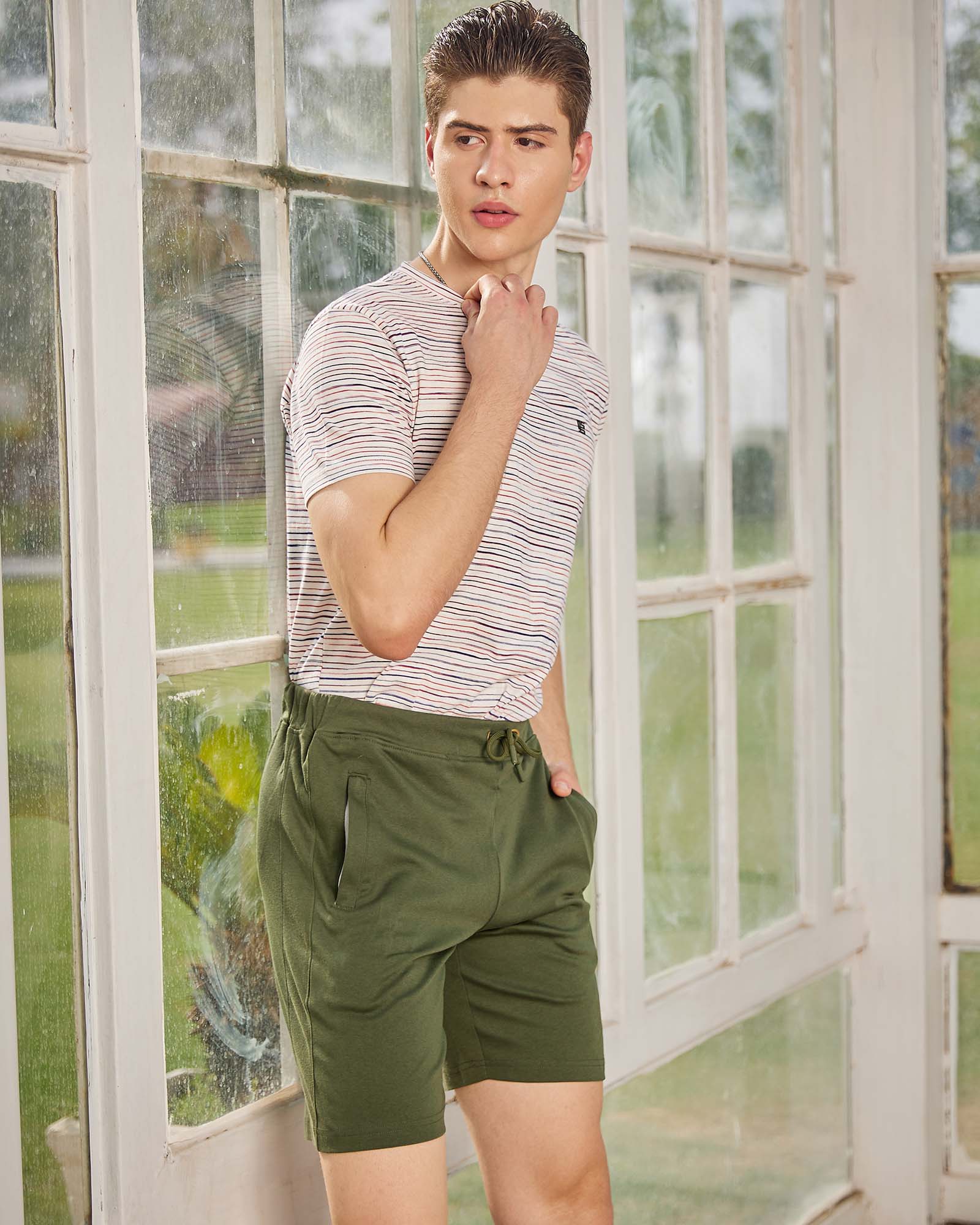 Olive Green Solid Knit Shorts