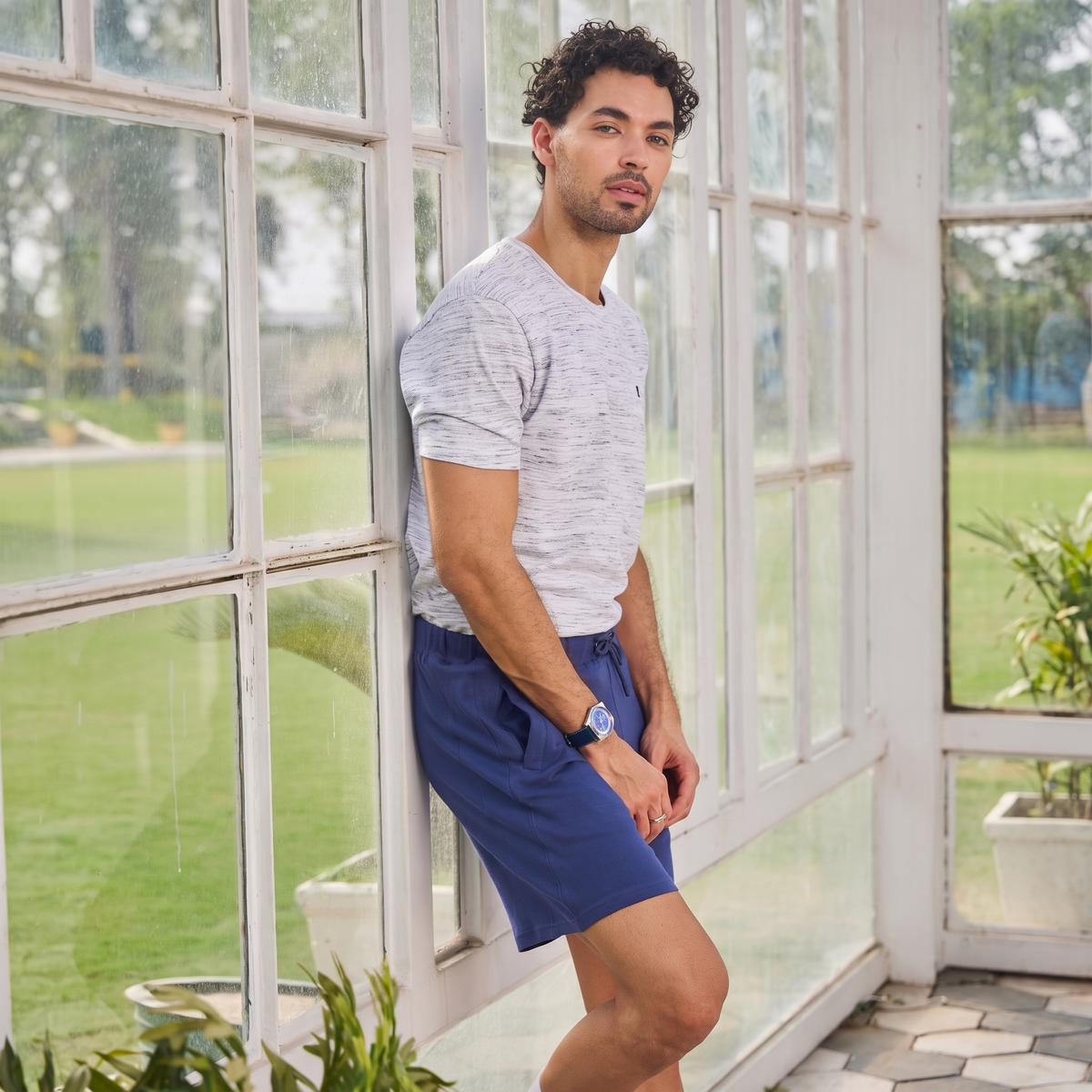 Blue Solid Knit Shorts