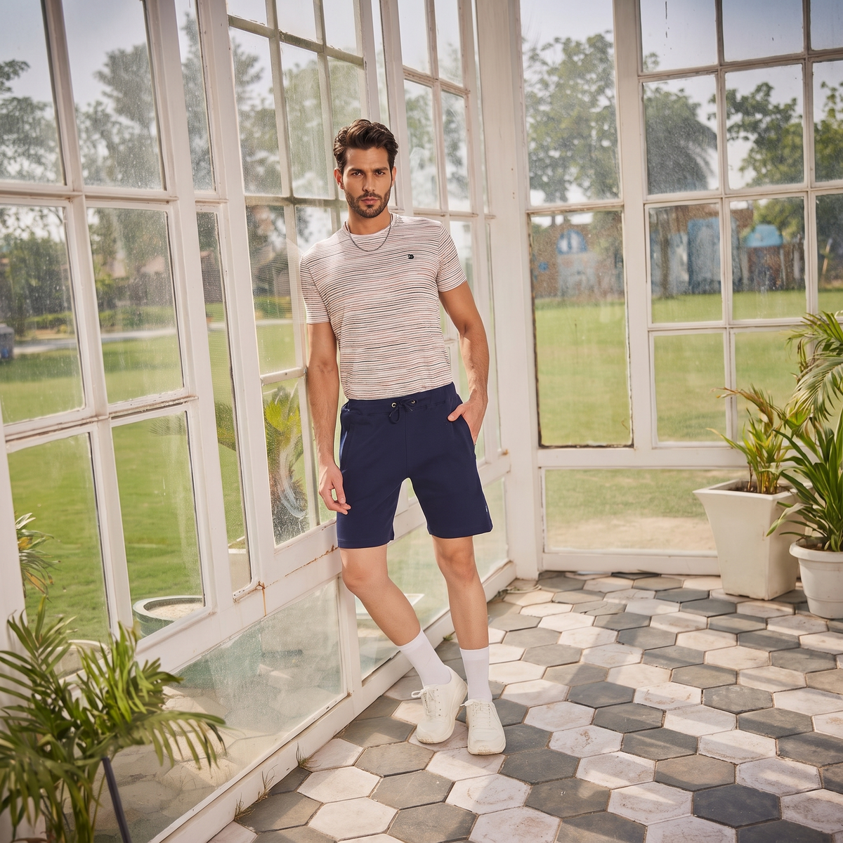 Navy Blue Solid Knit Shorts