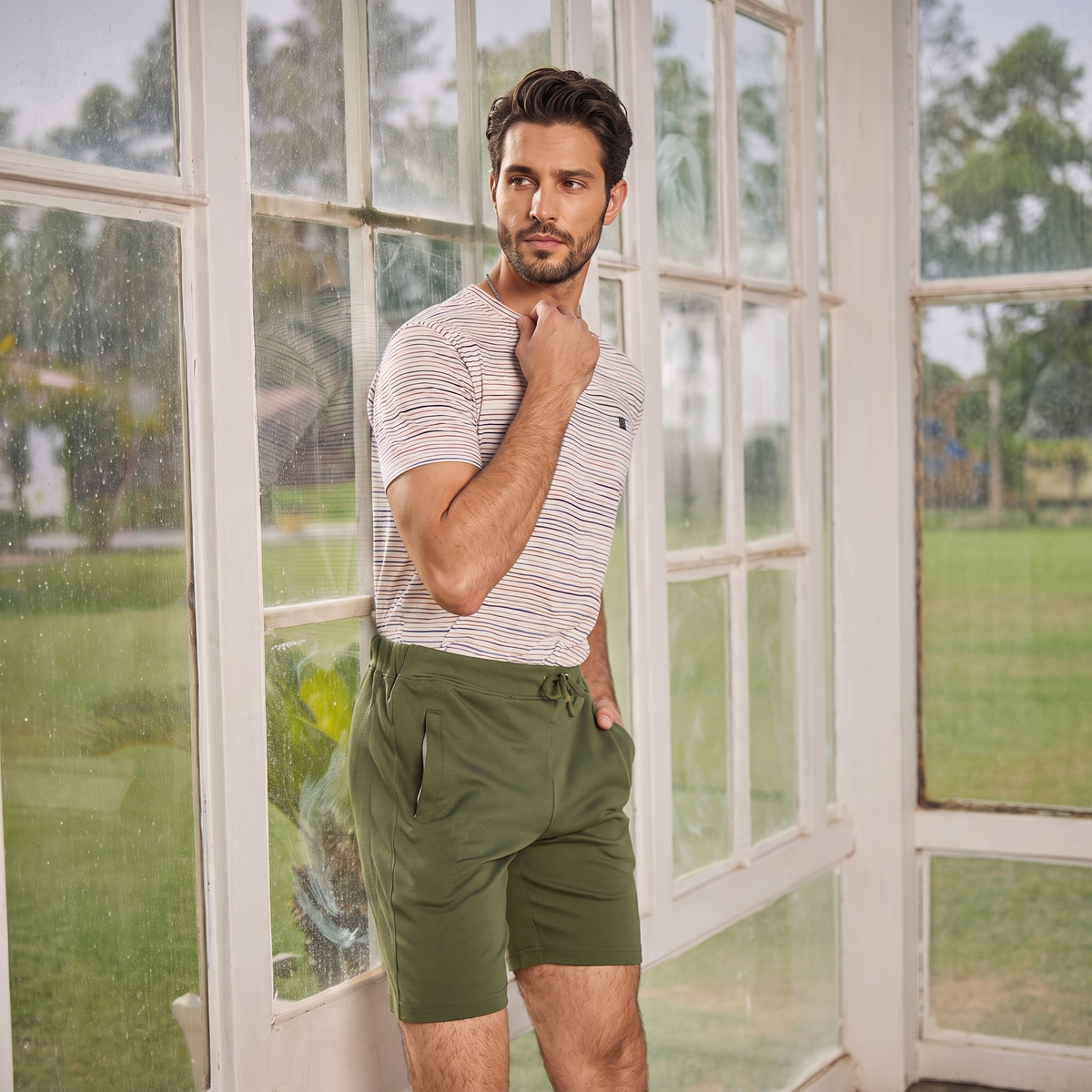 Olive Green Solid Knit Shorts