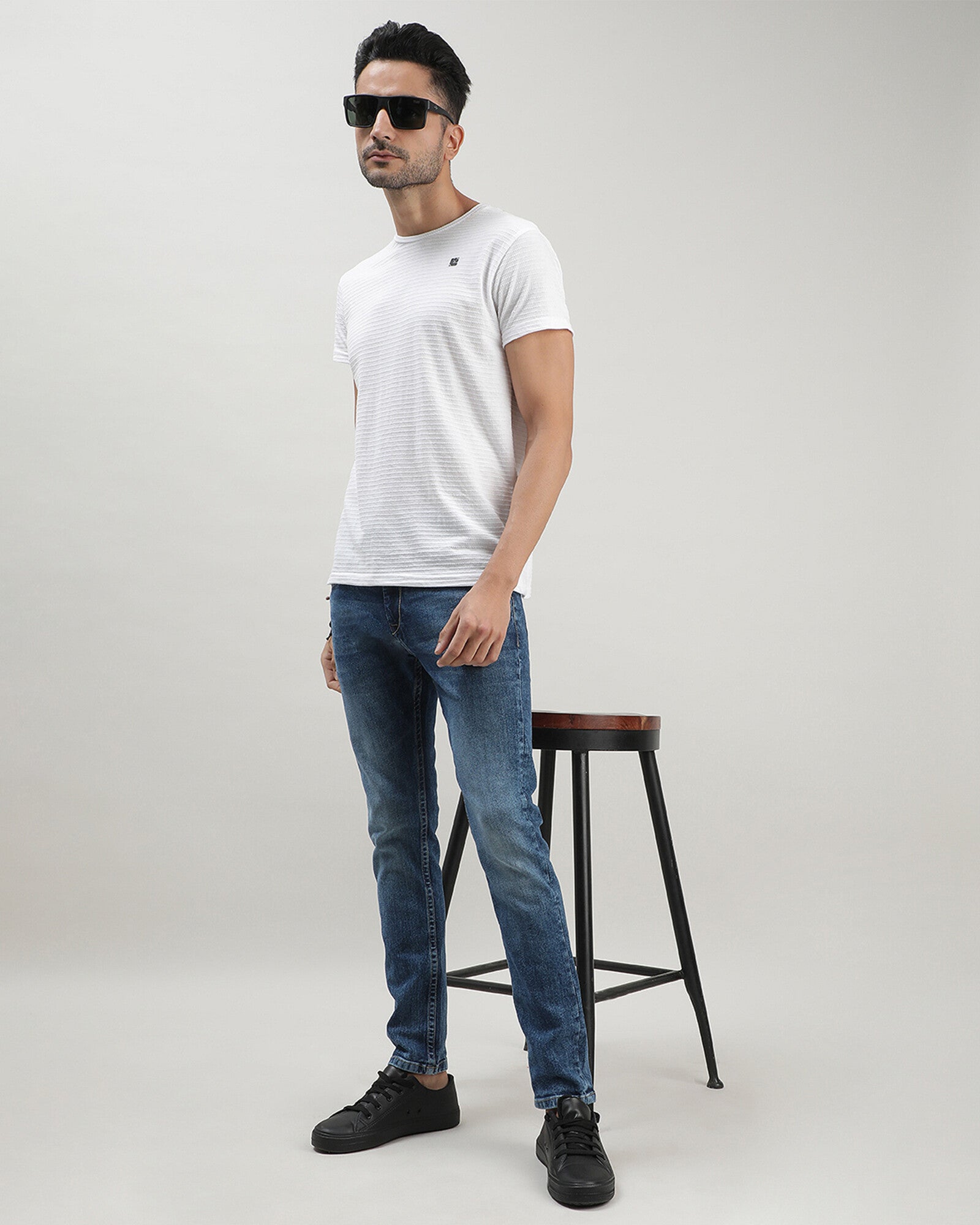 White Self Structured Round Neck Tshirt