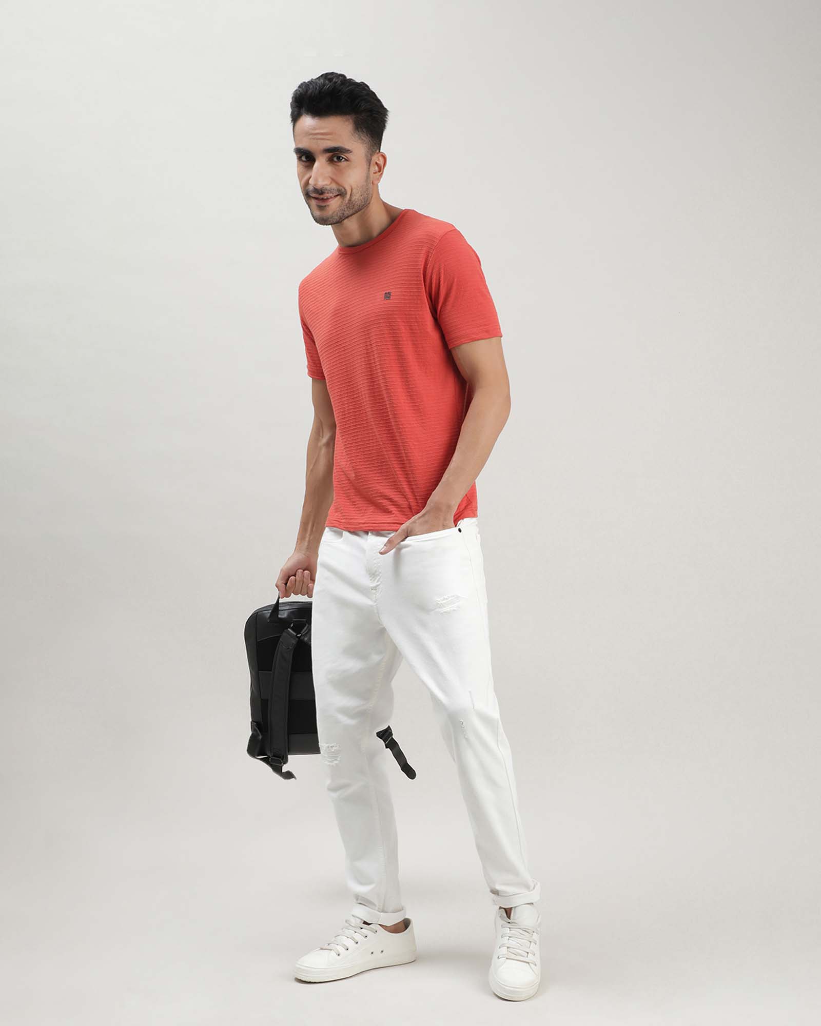 Orange Self Structured Round Neck Tshirt