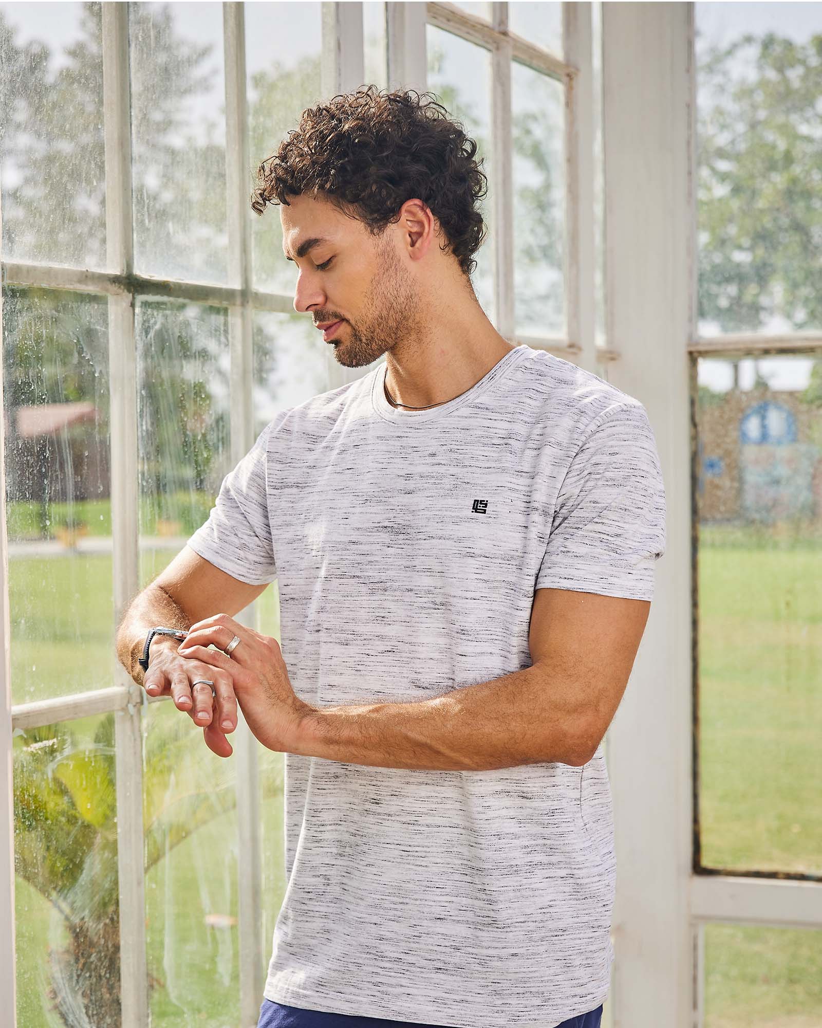 Grey & Off White Space Dyed Crew Neck