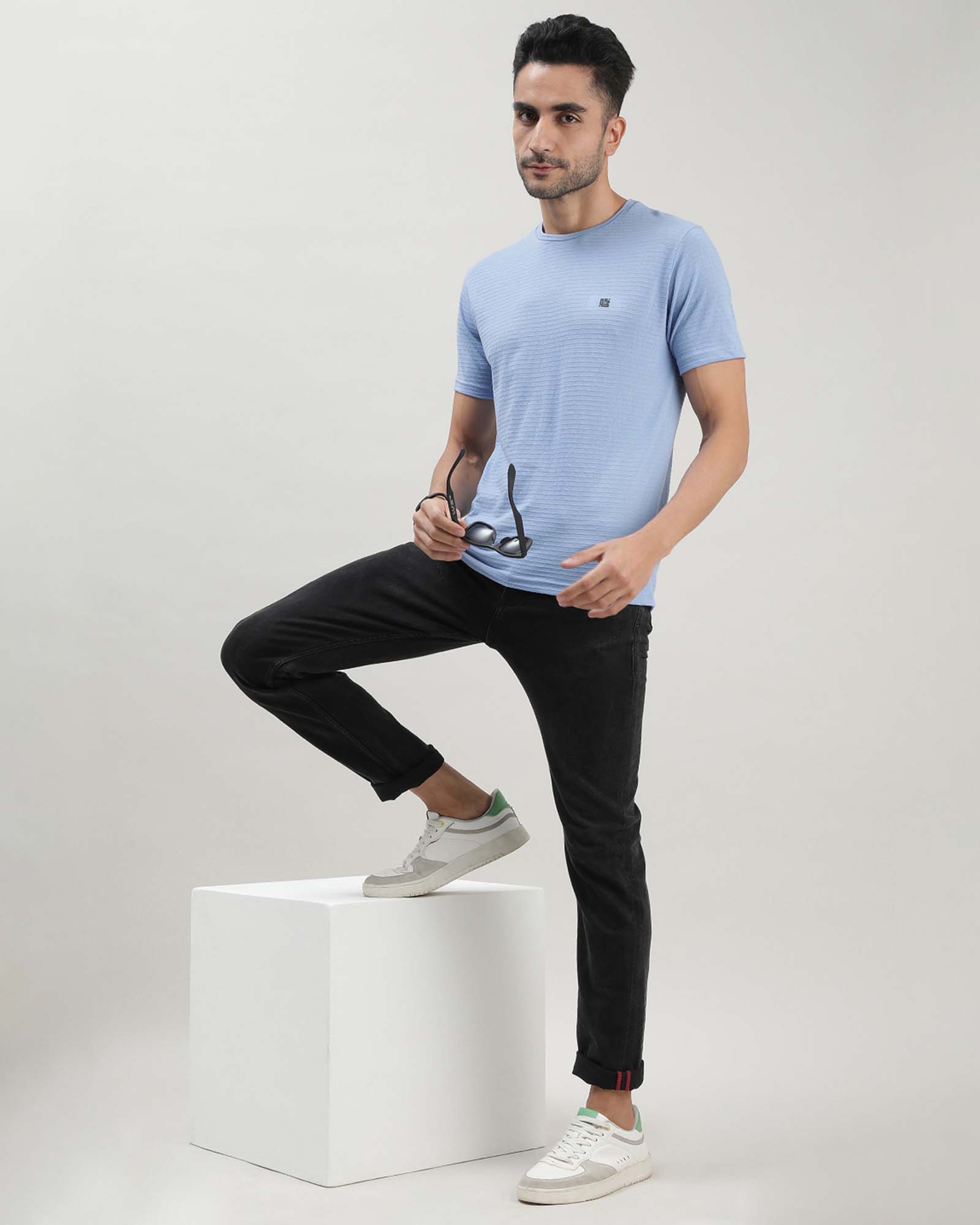 Blue Self Structured Round Neck Tshirt