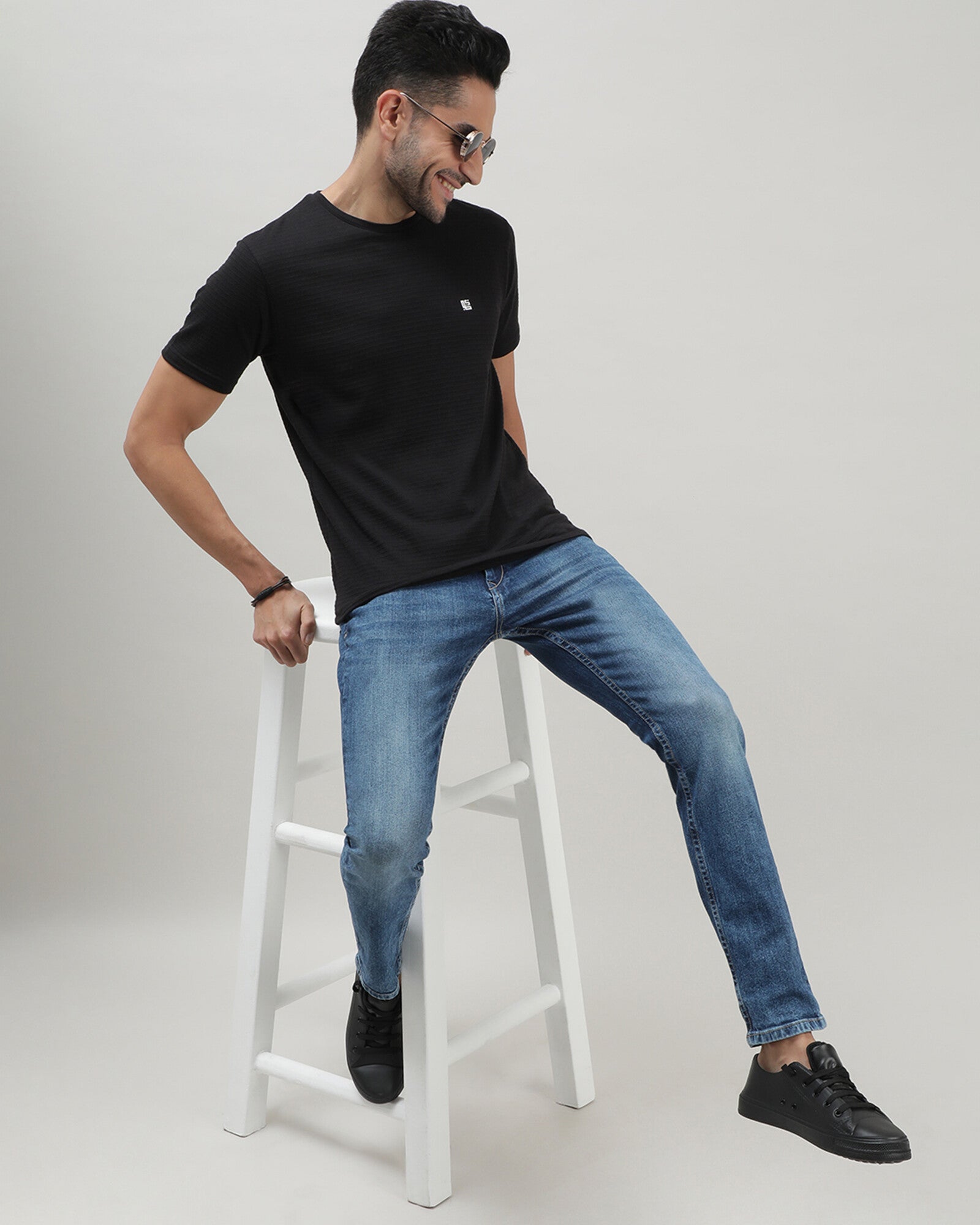 Black Self Structured Round Neck Tshirt