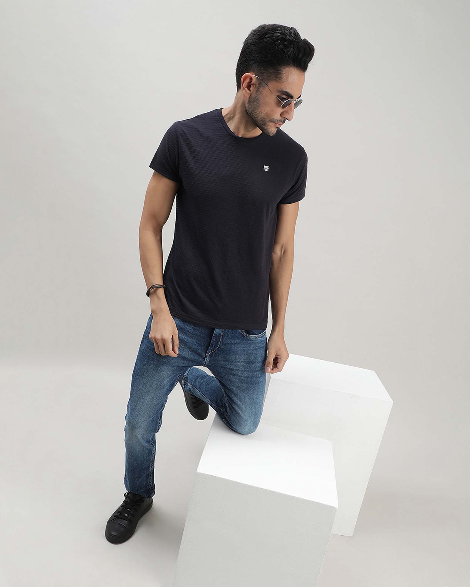 Navy Blue Self Structured Round Neck Tshirt