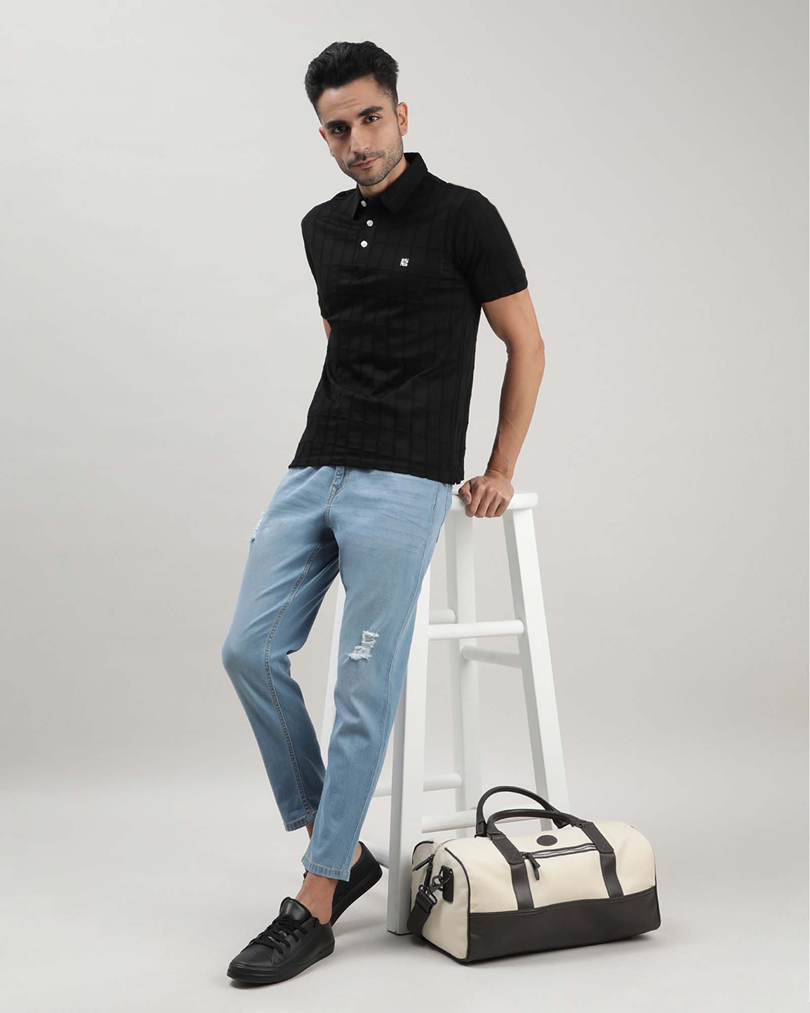 Jet Black Self Structured Polo Tshirt