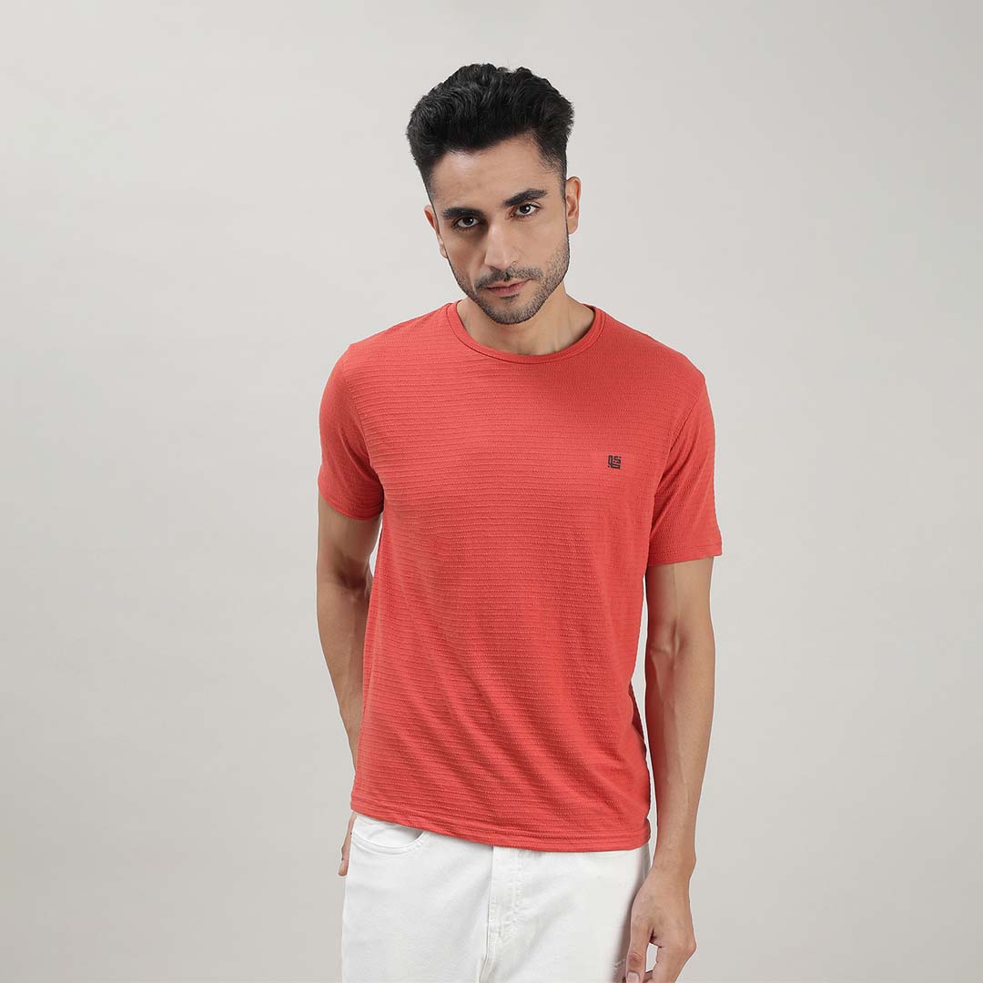 Orange Self Structured Round Neck Tshirt