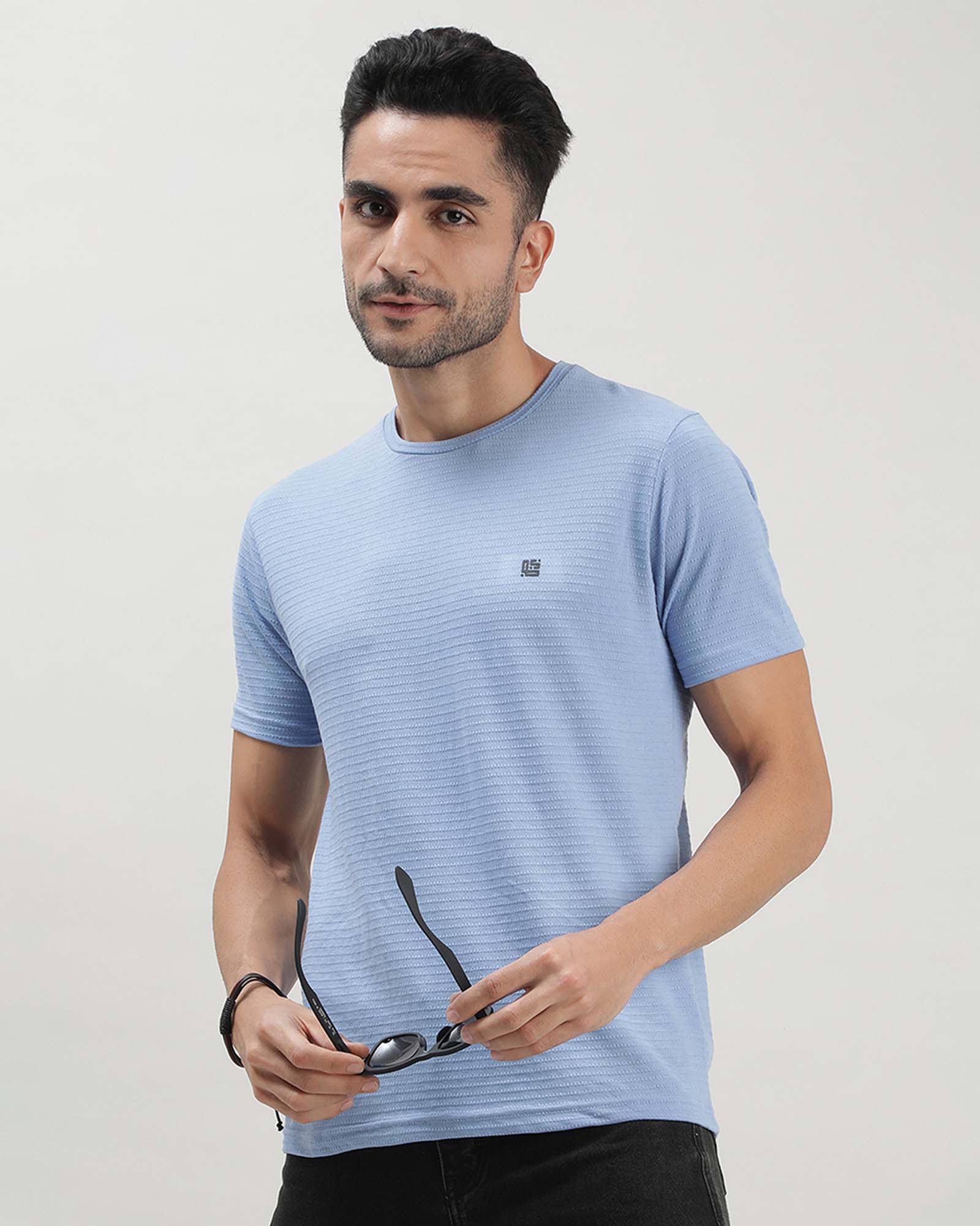 Blue Self Structured Round Neck Tshirt