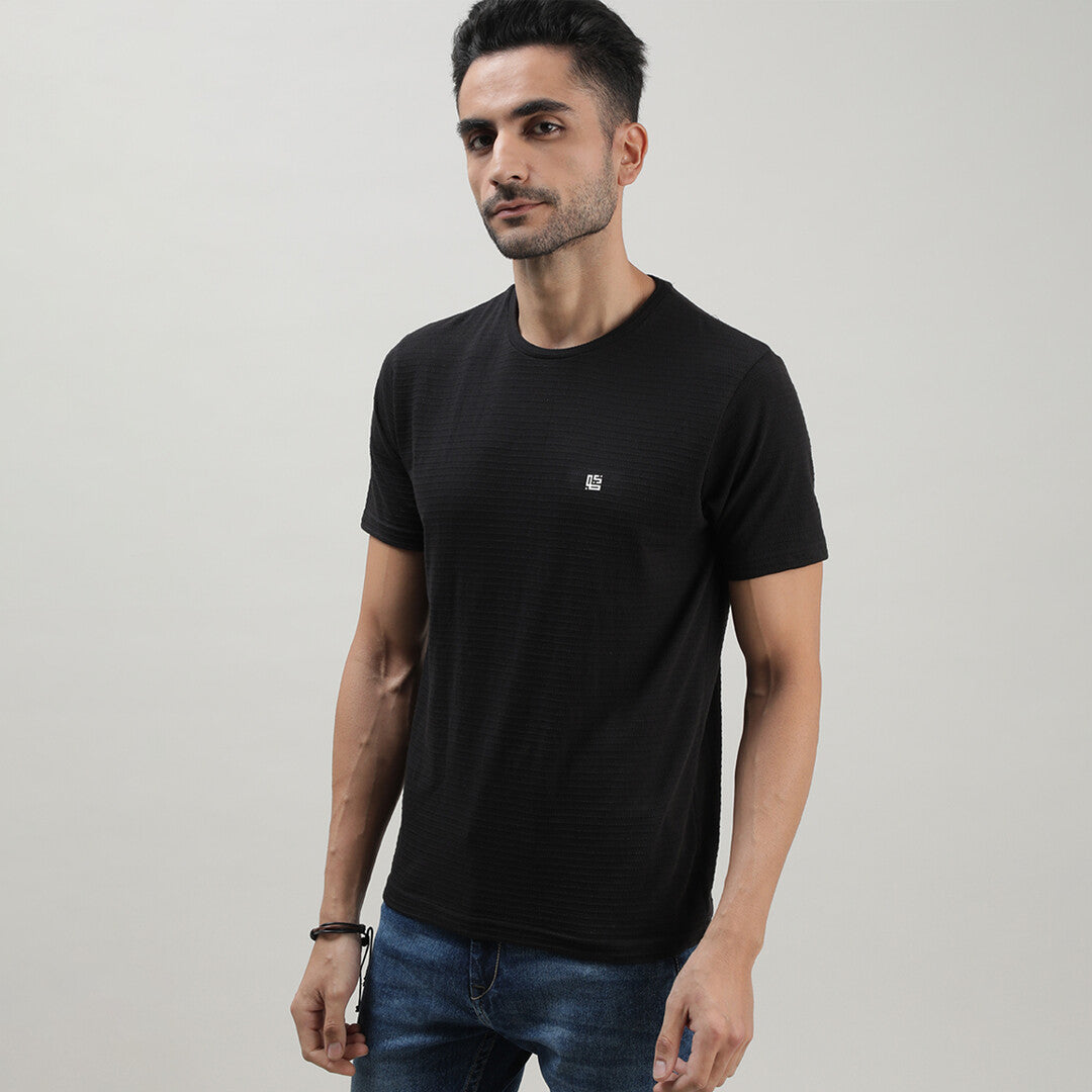 Black Self Structured Round Neck Tshirt