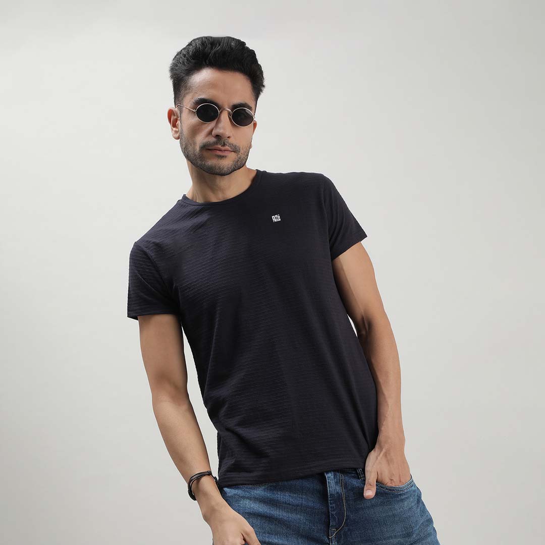 Navy Blue Self Structured Round Neck Tshirt