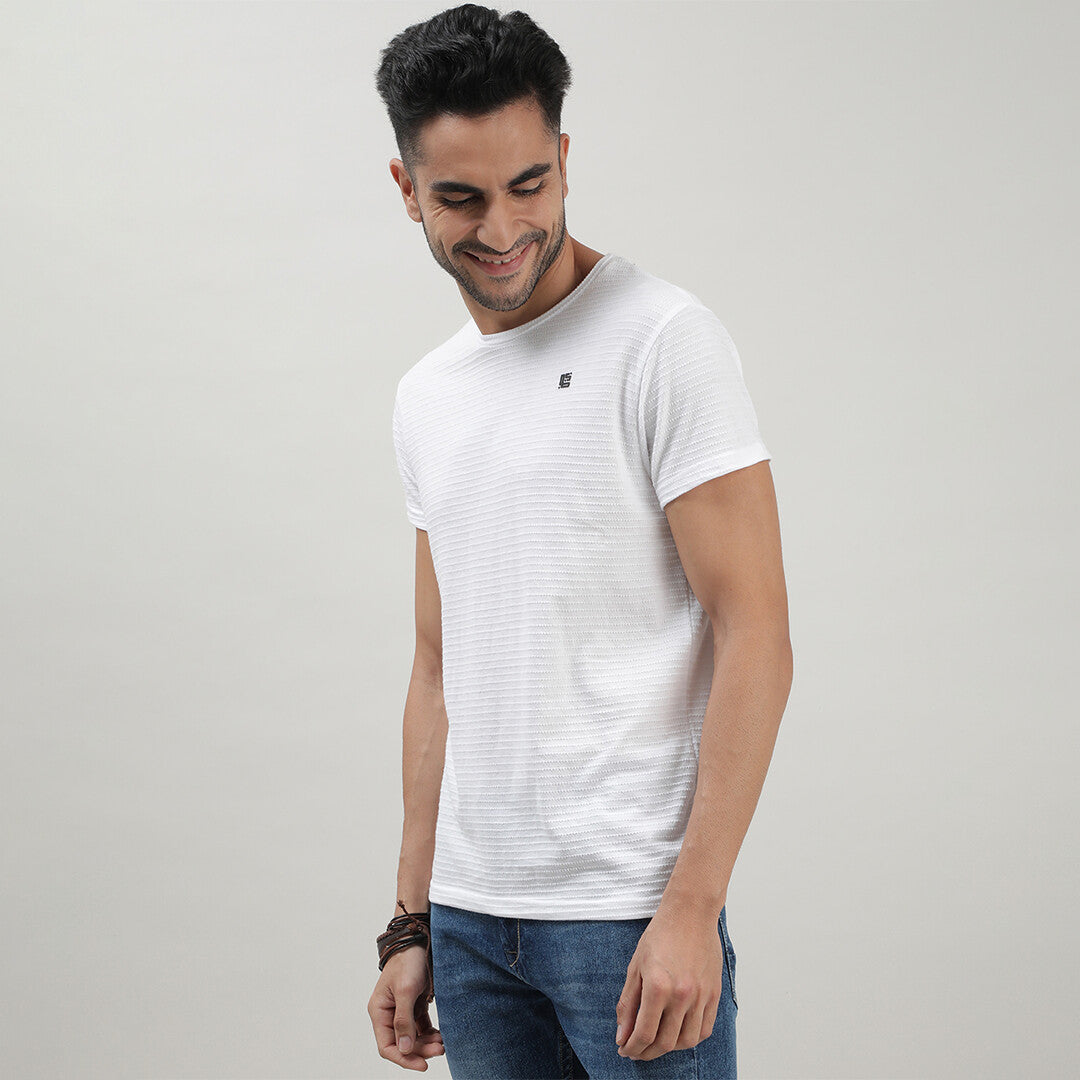 White Self Structured Round Neck Tshirt