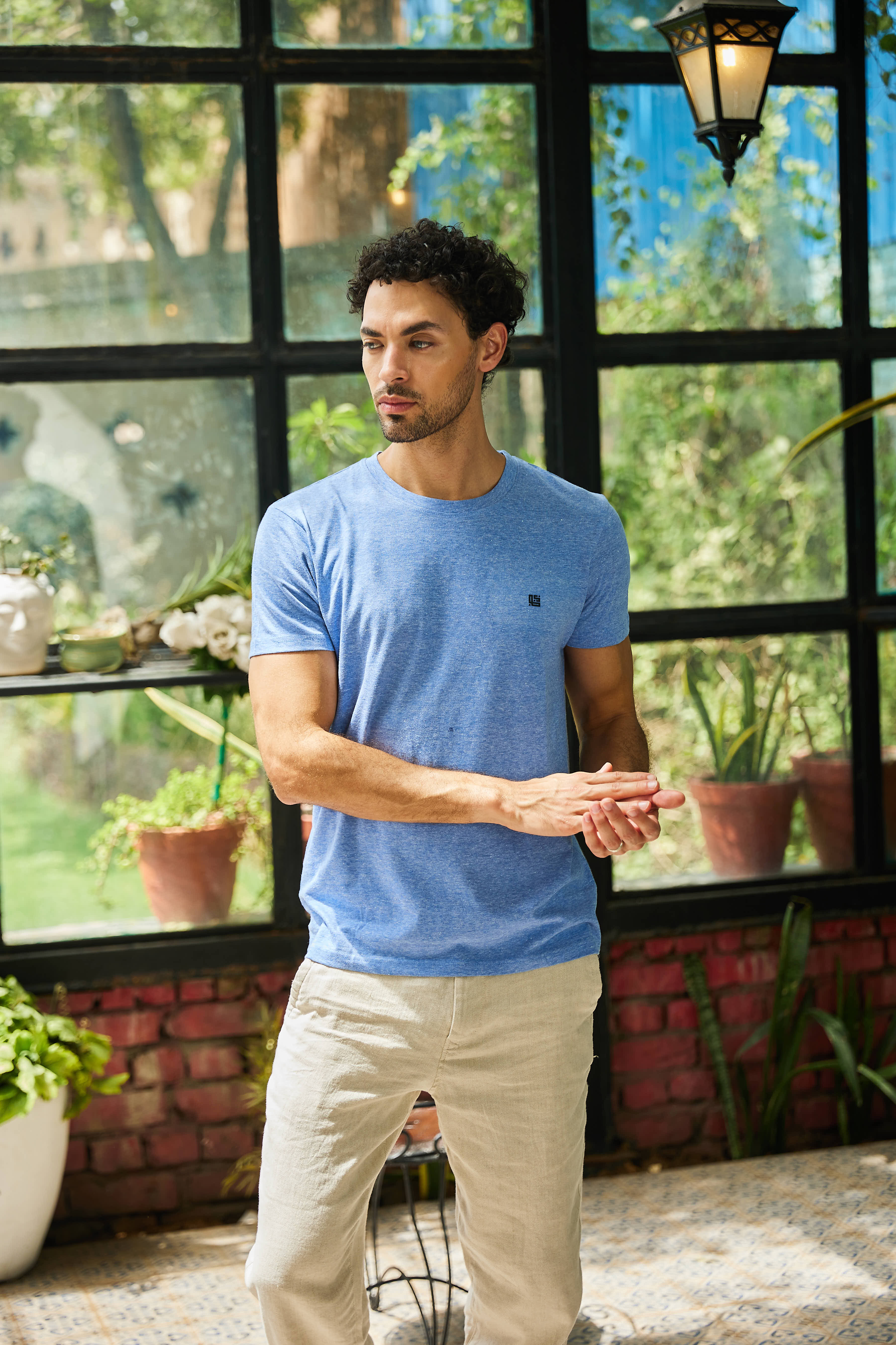 Sky Blue Textured Solid Crew Neck T Shirt