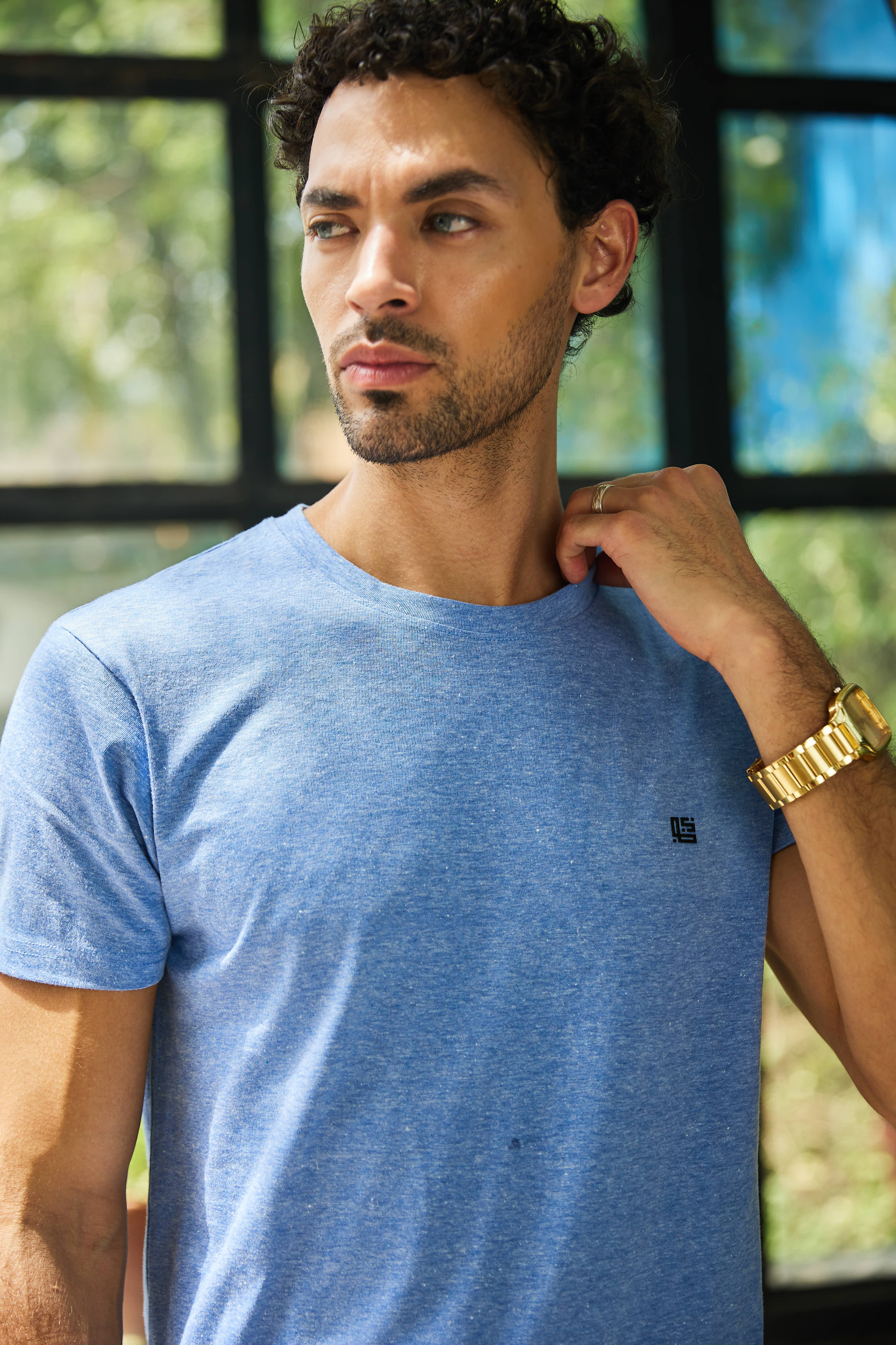 Sky Blue Textured Solid Crew Neck T Shirt
