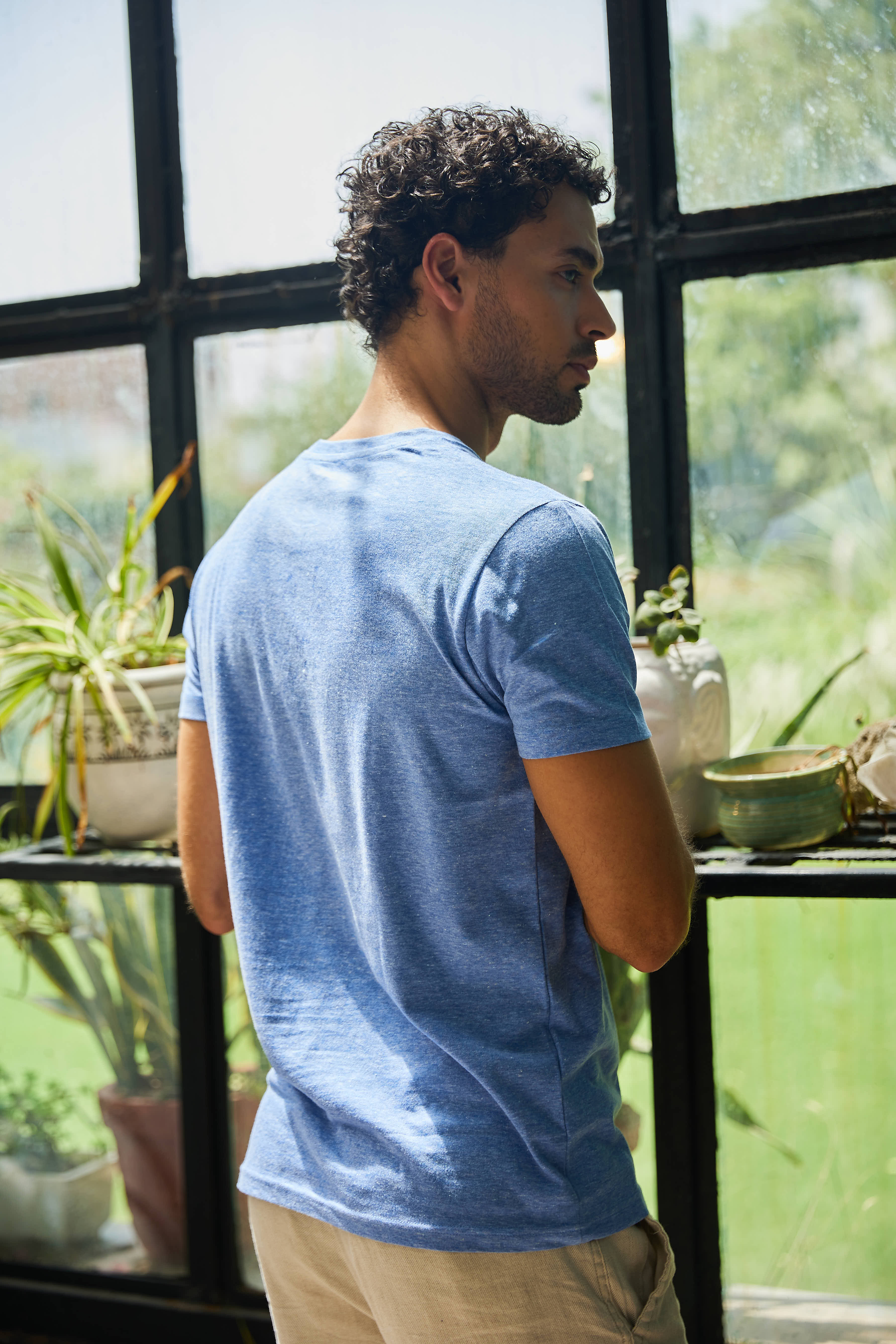 Sky Blue Textured Solid Crew Neck T Shirt