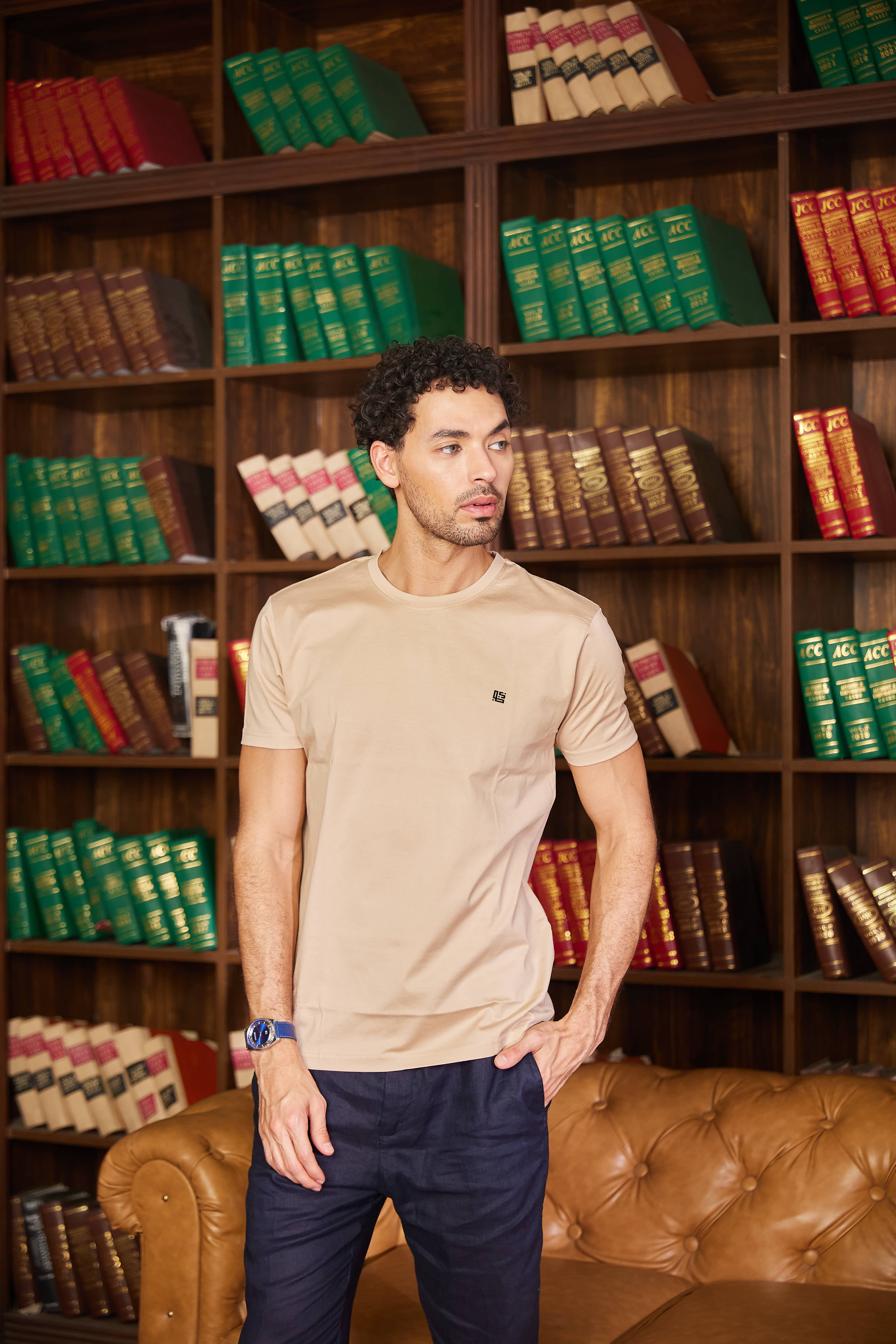 Beige Textured Solid Crew Neck T Shirt