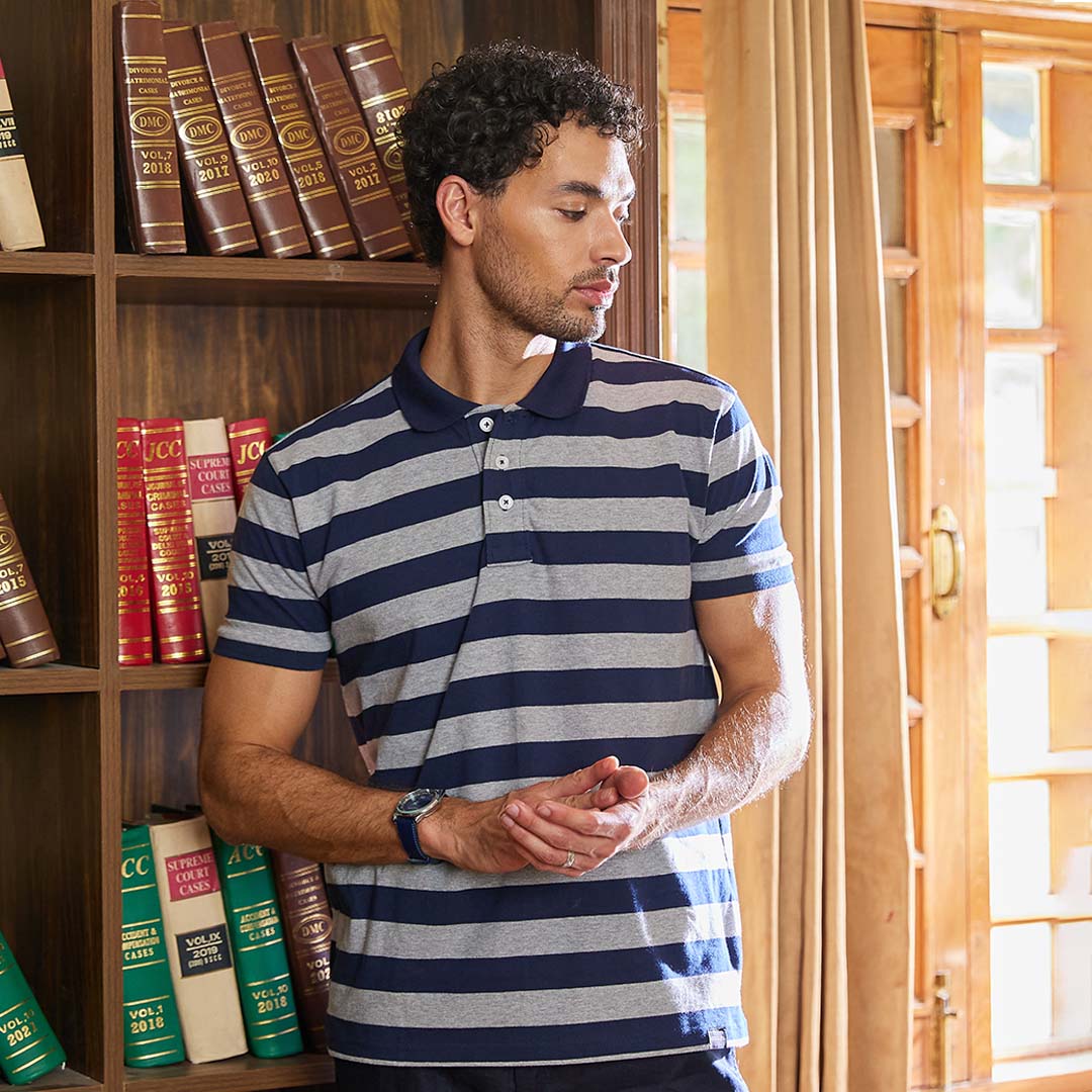 Navy & Grey Striped Polo Tshirt