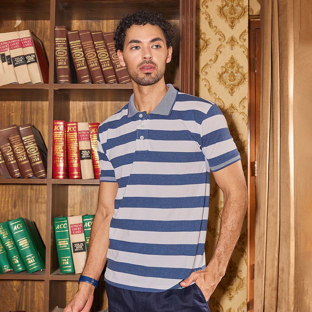 Blue & Off White Striped Polo Tshirt