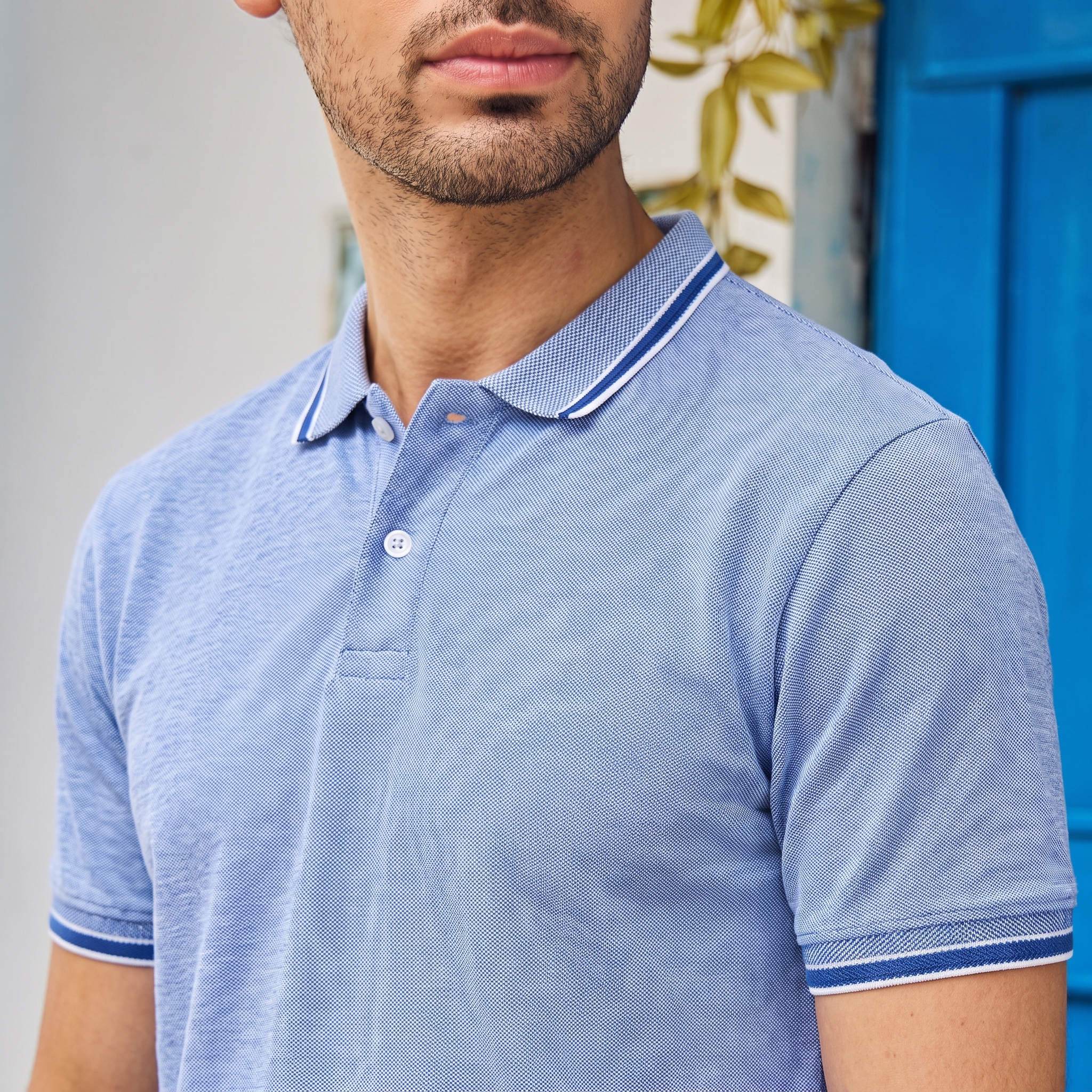 CONTRAST TIPPING POLO - AZURE MELANGE