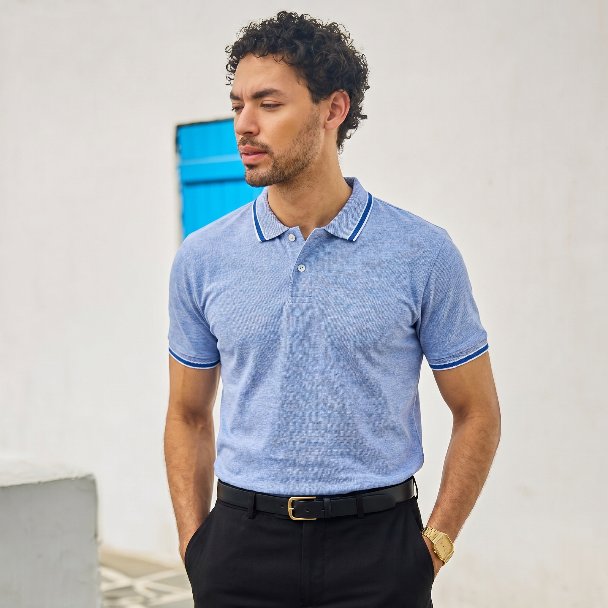 CONTRAST TIPPING POLO - AZURE MELANGE